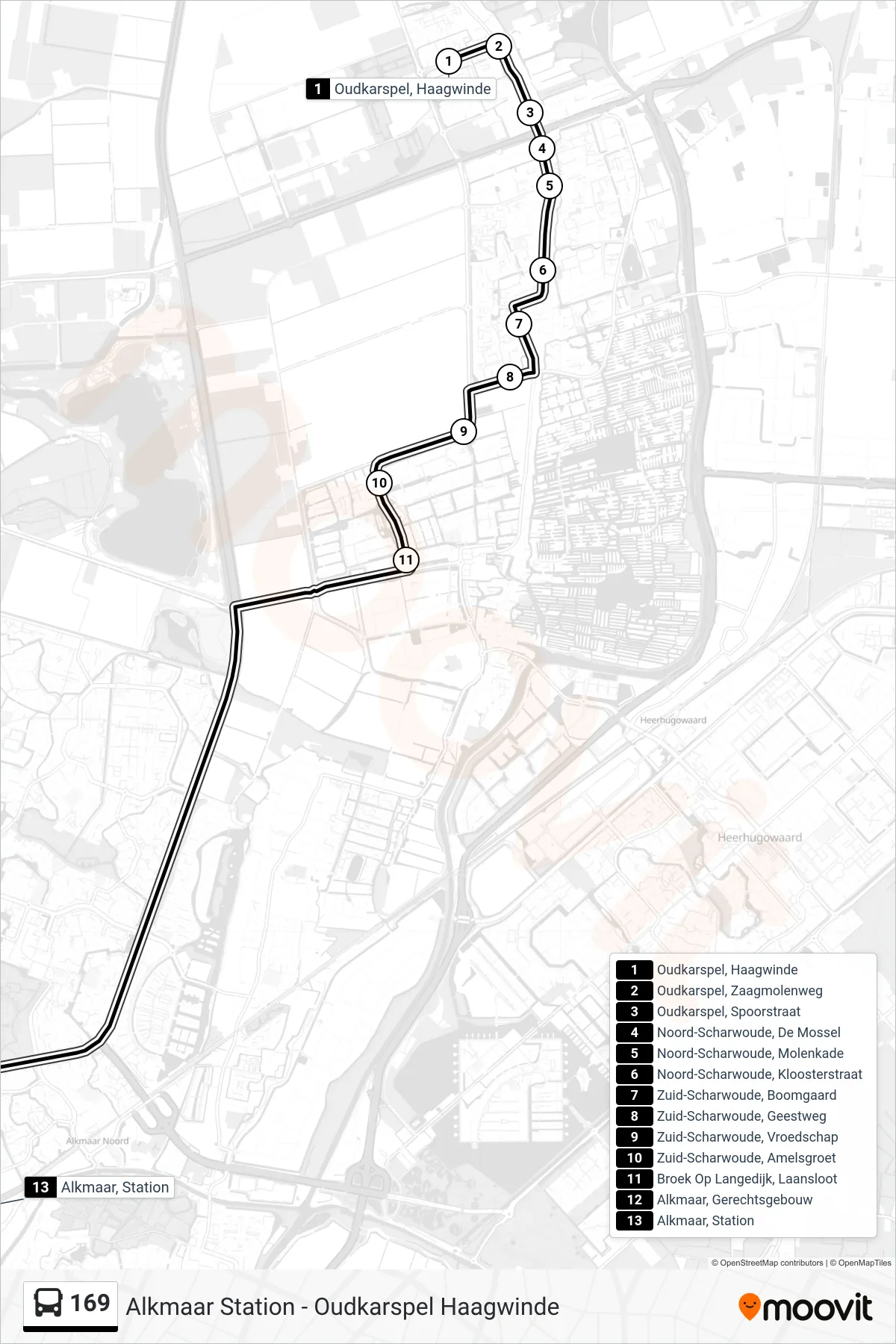 169 bus Line (Alkmaar Station) route and stops on a map