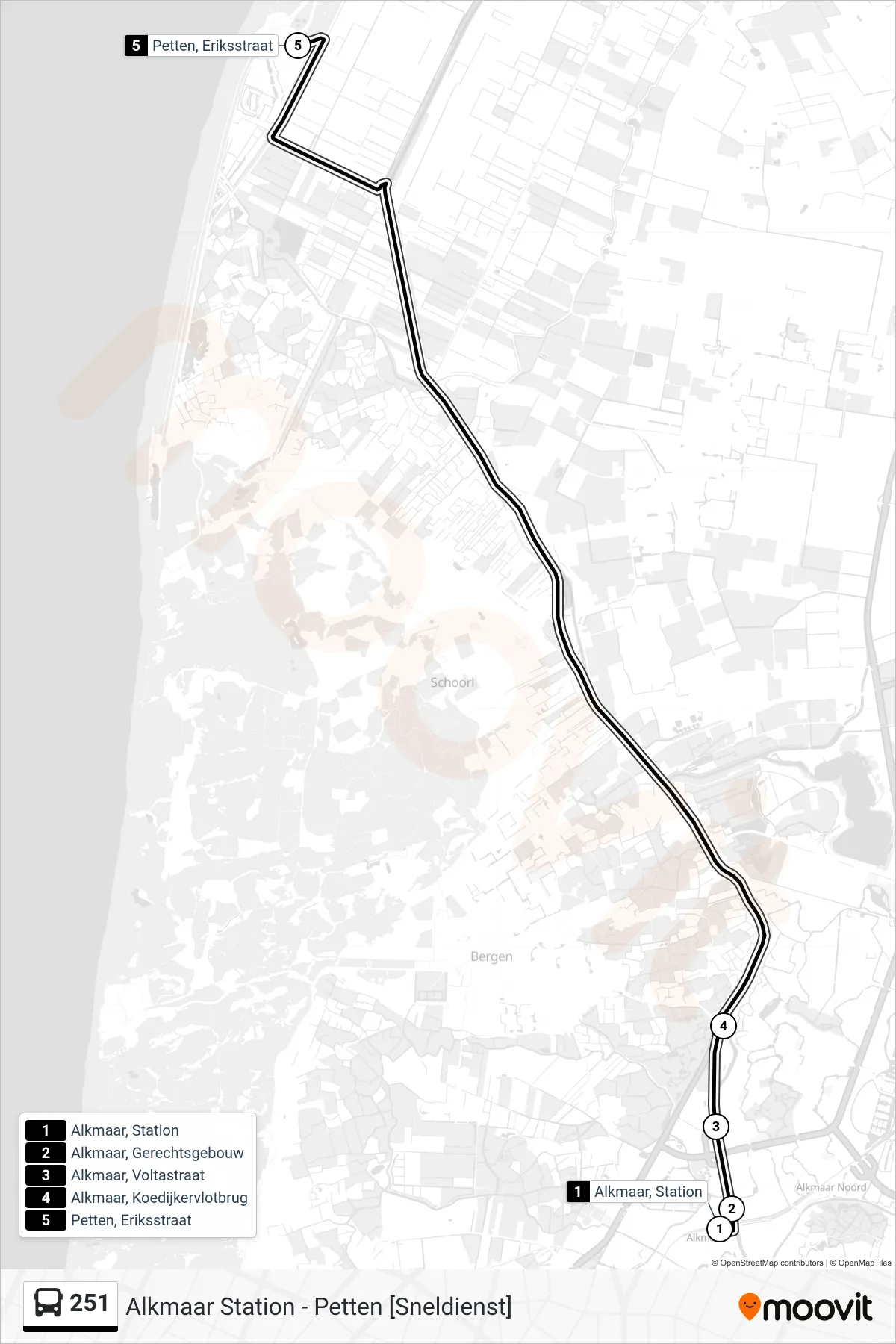 Lijn 251 (bus, Petten Eriksstraat): route en haltes op de kaart