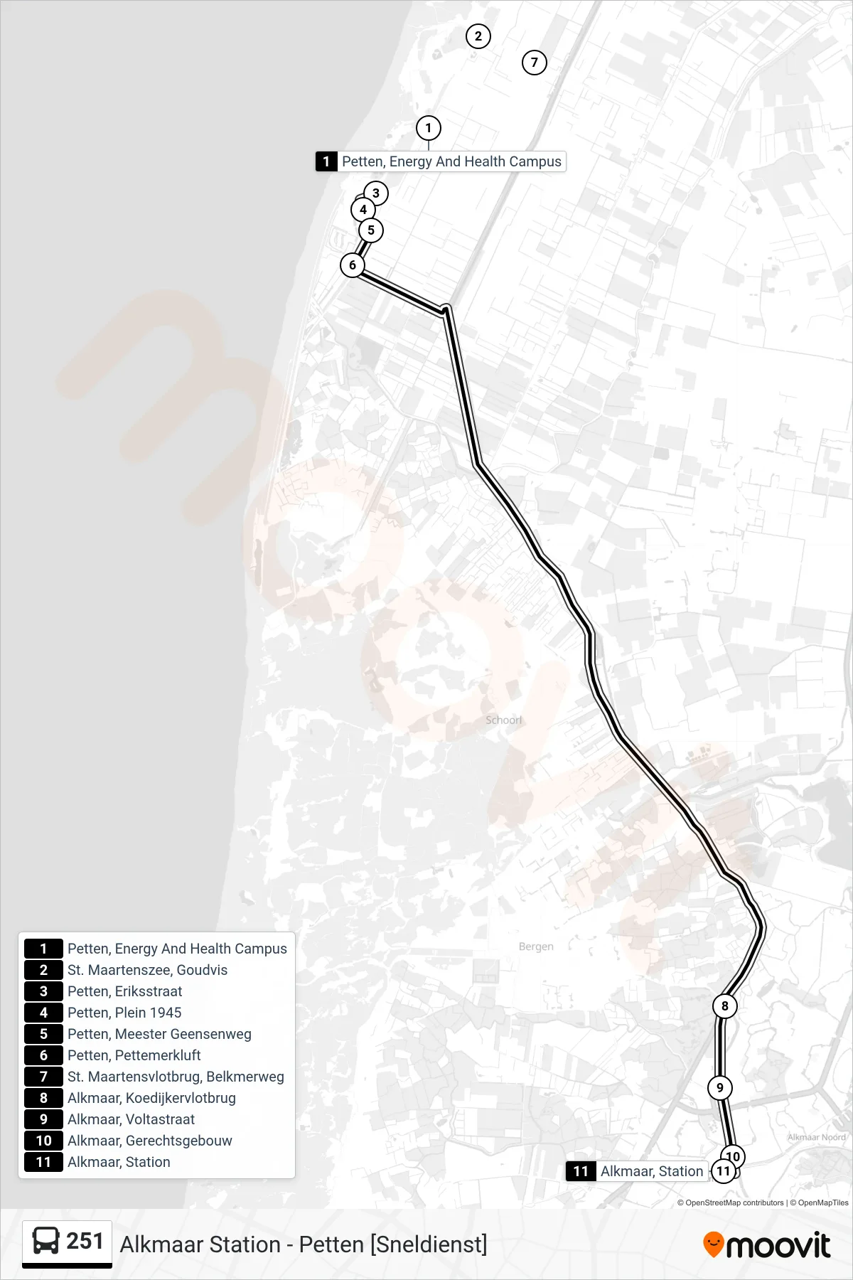 Lijn 251 (bus, Alkmaar Station): route en haltes op de kaart
