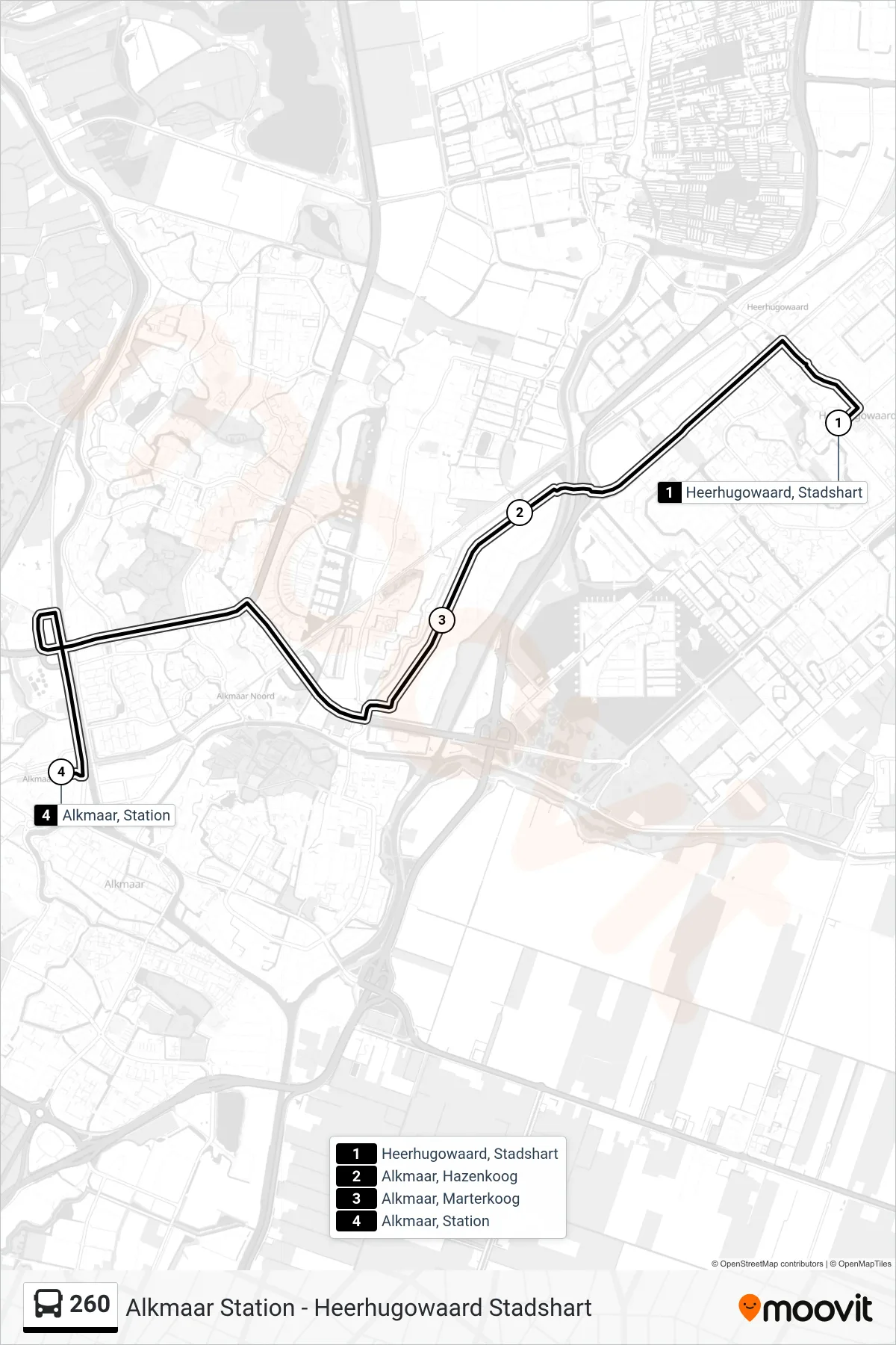 Lijn 260 (bus, Alkmaar Station): route en haltes op de kaart
