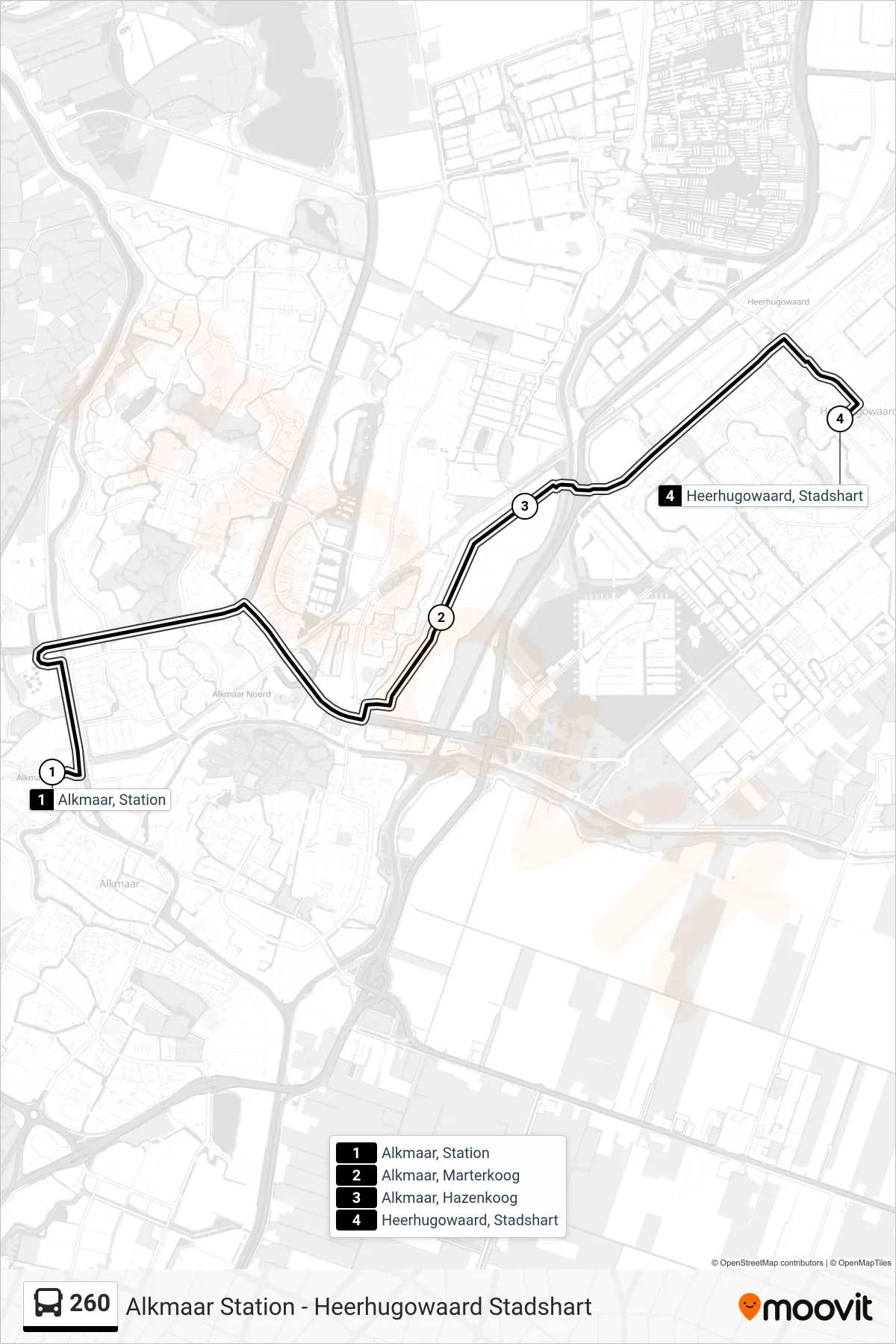 Lijn 260 (bus, Heerhugowaard Stadshart): route en haltes op de kaart
