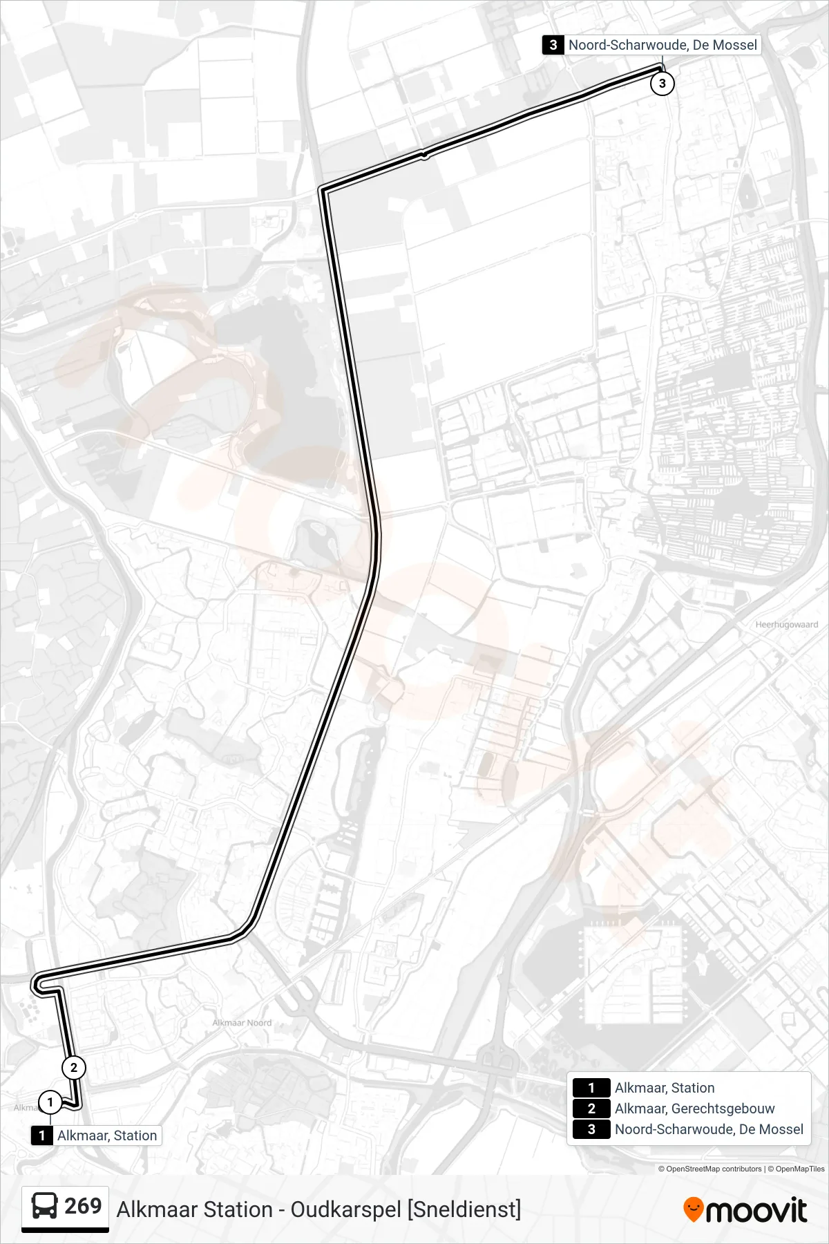 269 bus Line (Noord-Scharwoude De Mossel) route and stops on a map