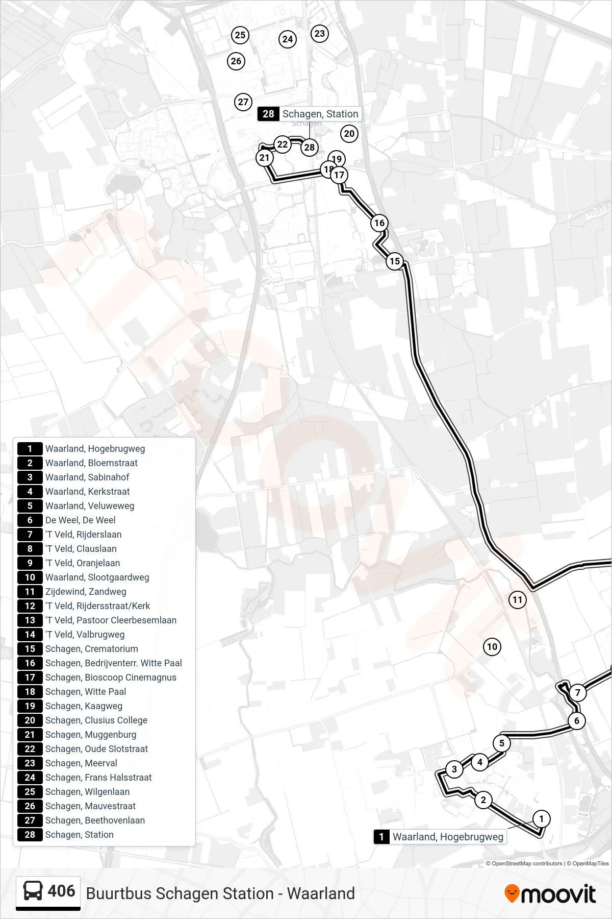 Lijn 406 (bus, Schagen Station): route en haltes op de kaart