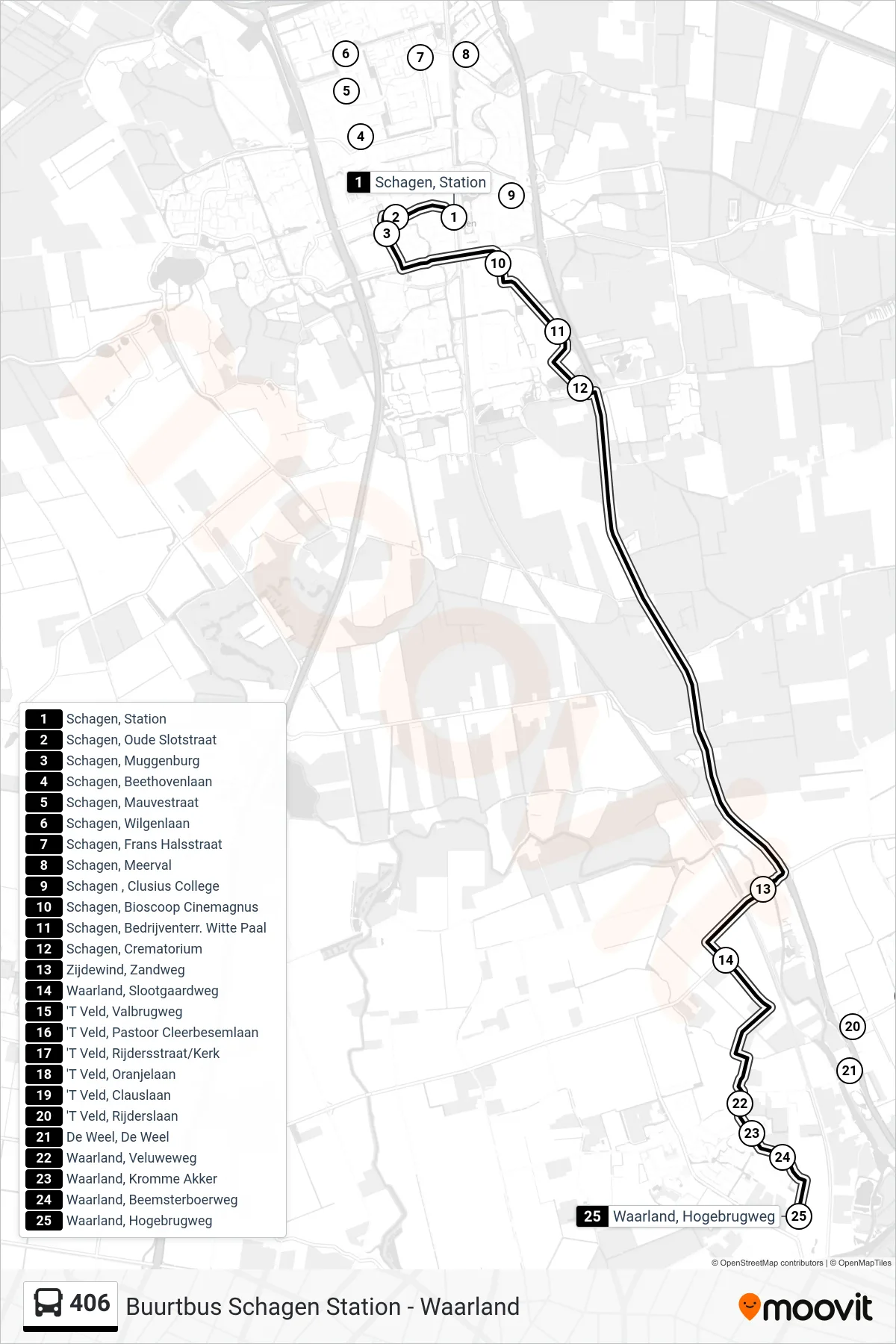 406 bus Line (Waarland Hogebrugweg) route and stops on a map