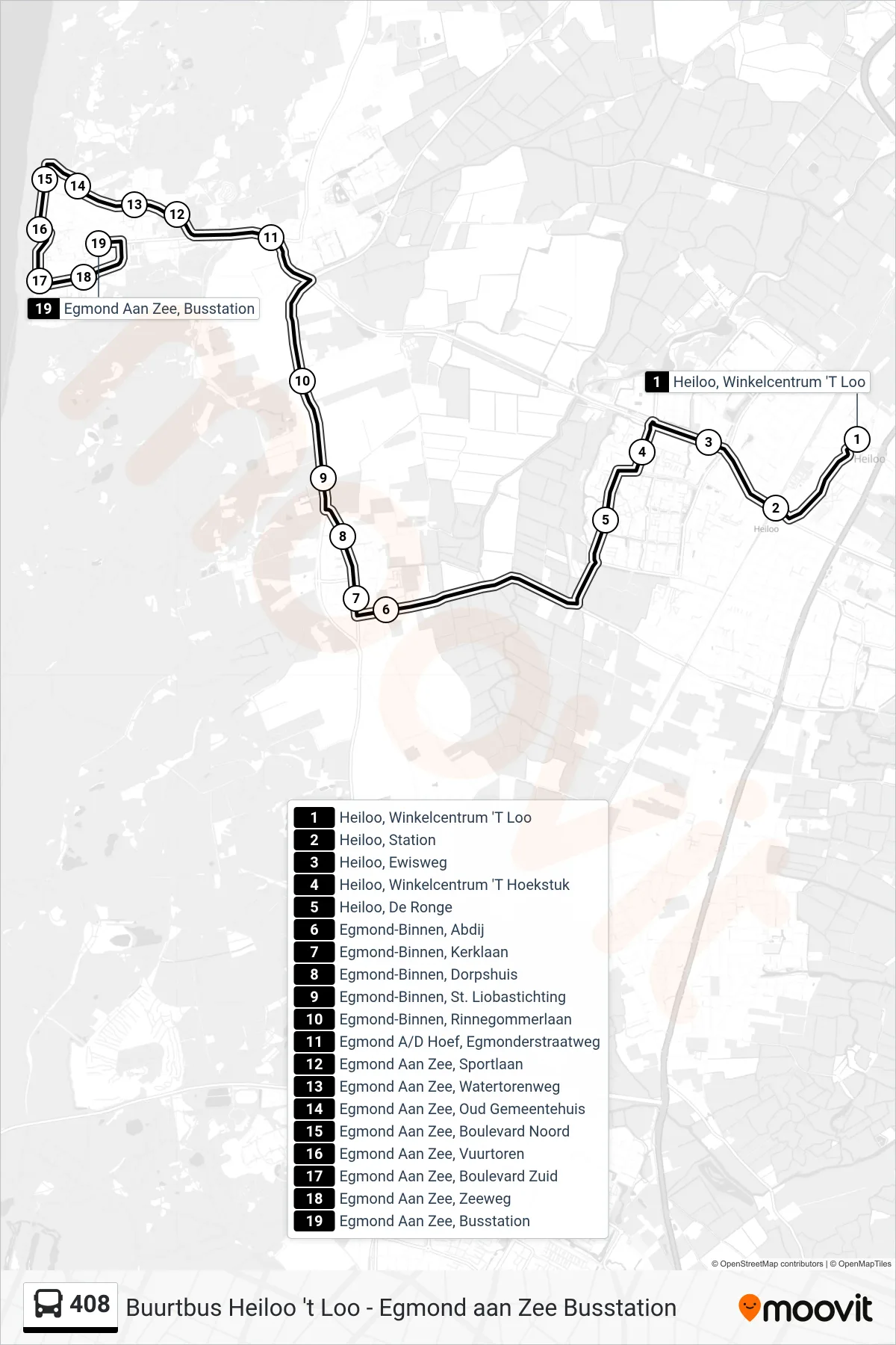 Lijn 408 (bus, Egmond Aan Zee Busstation): route en haltes op de kaart