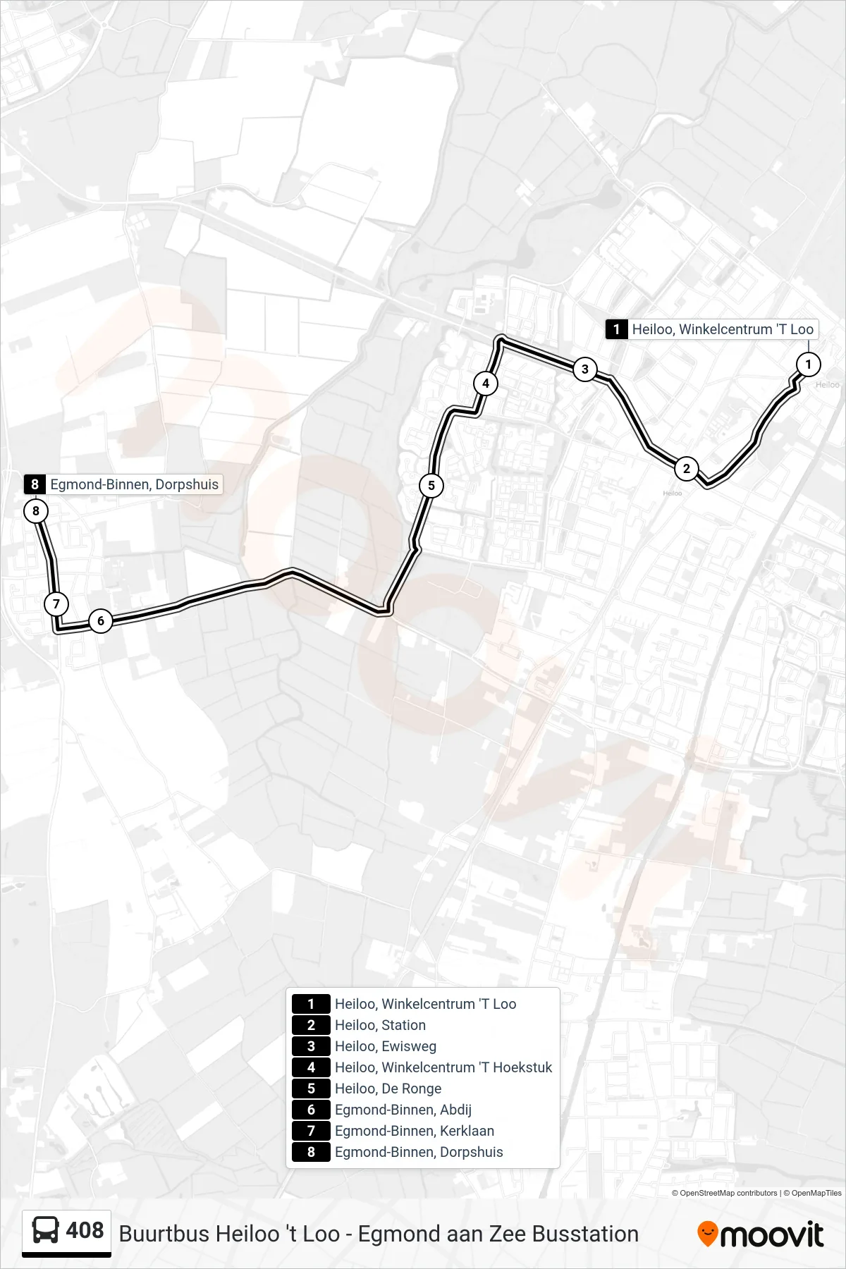 408 bus Line (Egmond-Binnen Dorpshuis) route and stops on a map