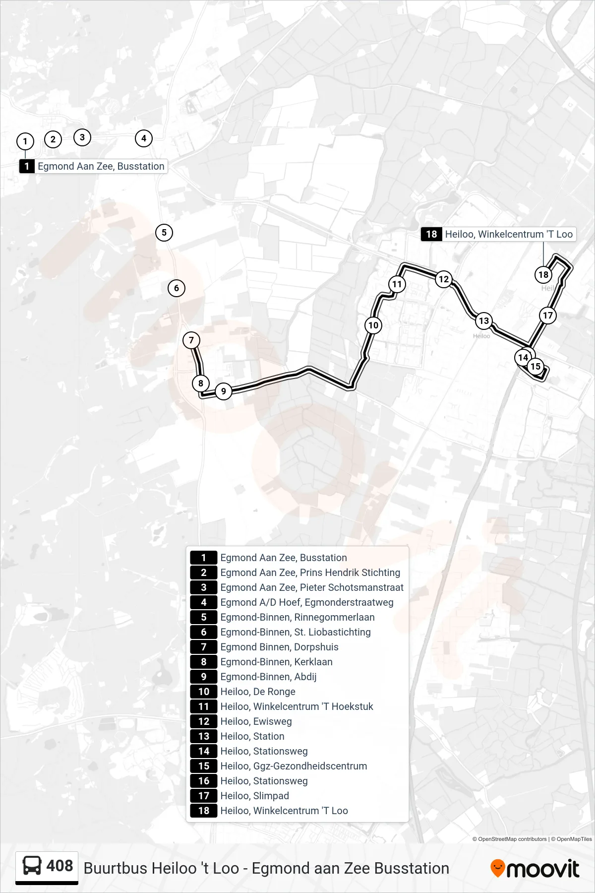 Lijn 408 (bus, Heiloo Winkelcentrum 'T Loo): route en haltes op de kaart