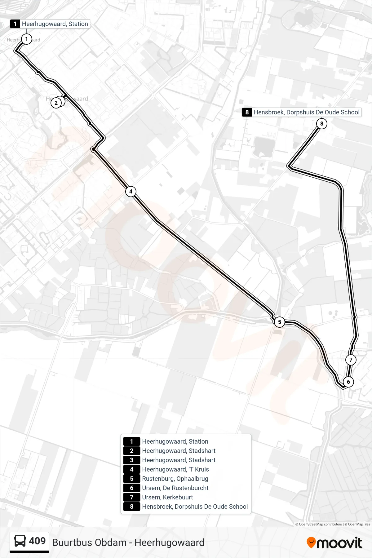 409 bus Line (Obdam Station) route and stops on a map