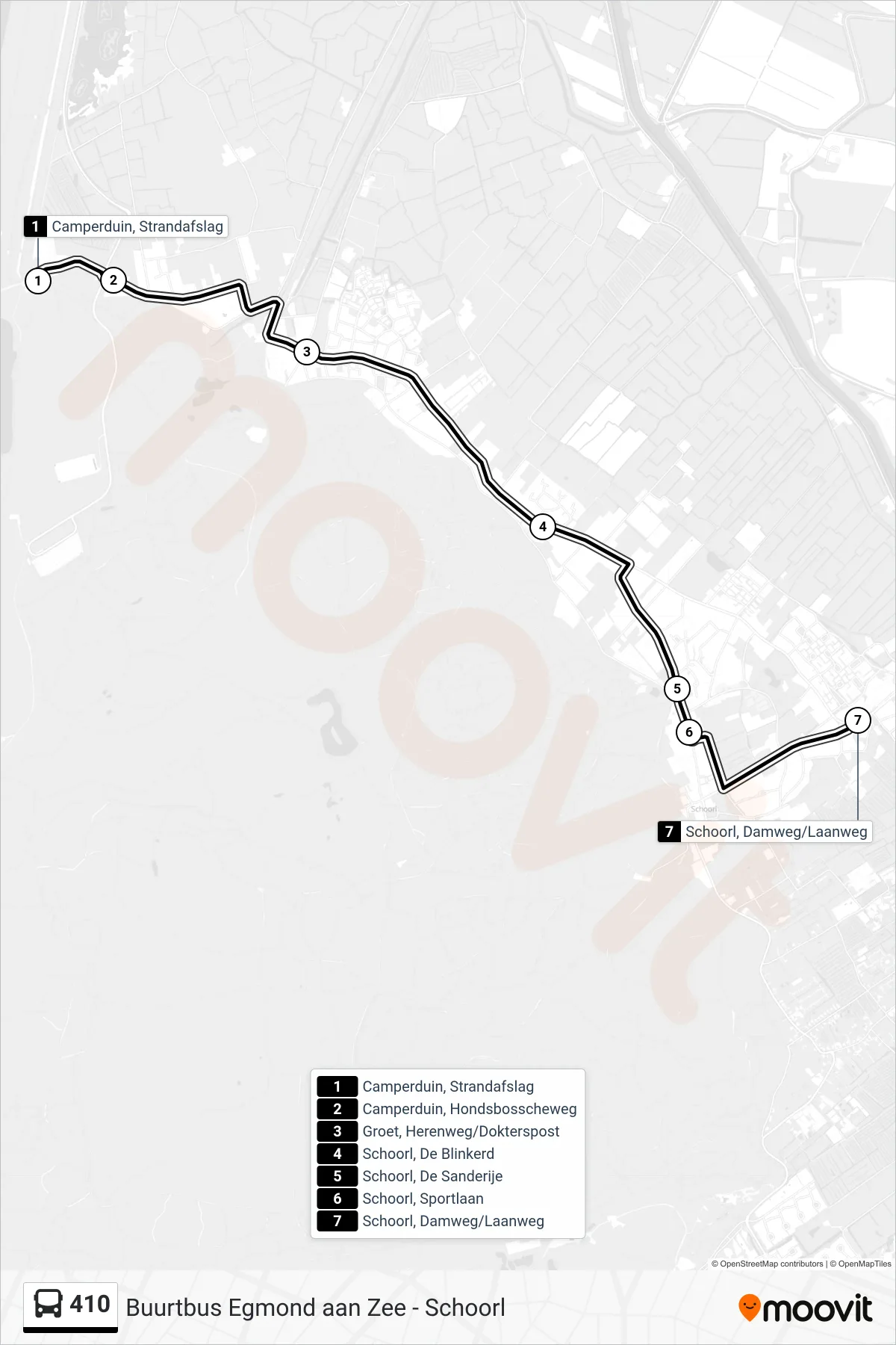 410 bus Line (Schoorl Damweg/Laanweg) route and stops on a map