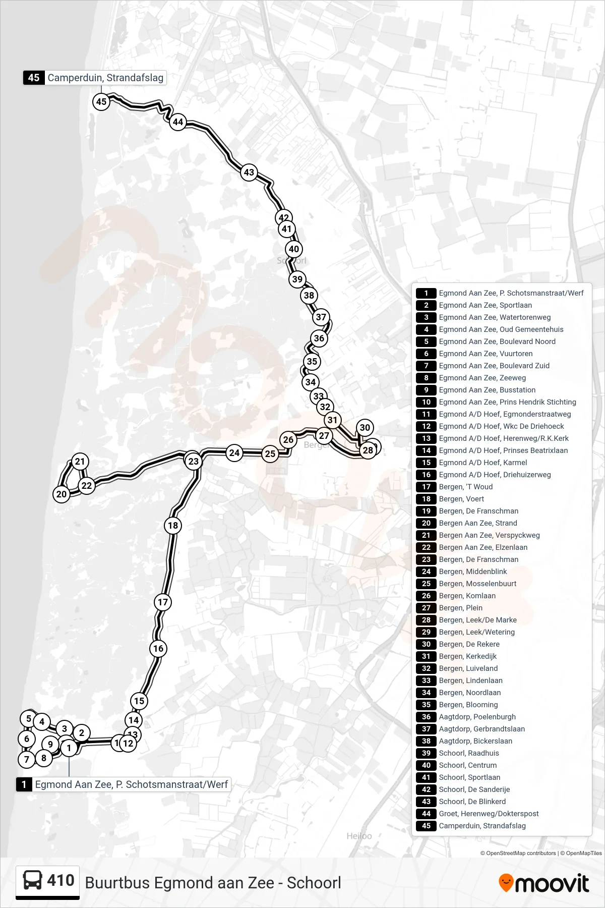 Lijn 410 (bus, Camperduin Strandafslag): route en haltes op de kaart