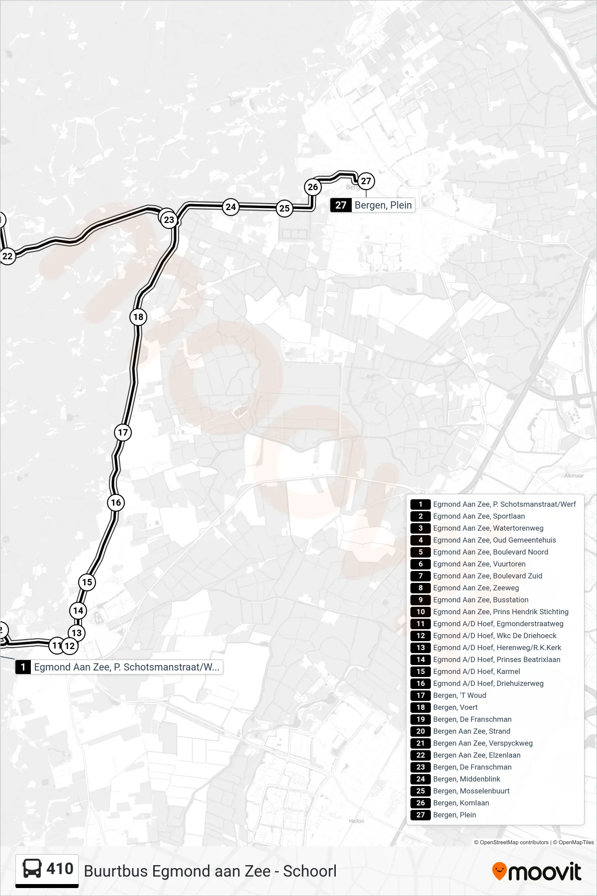 Lijn 410 (bus, Bergen Plein): route en haltes op de kaart