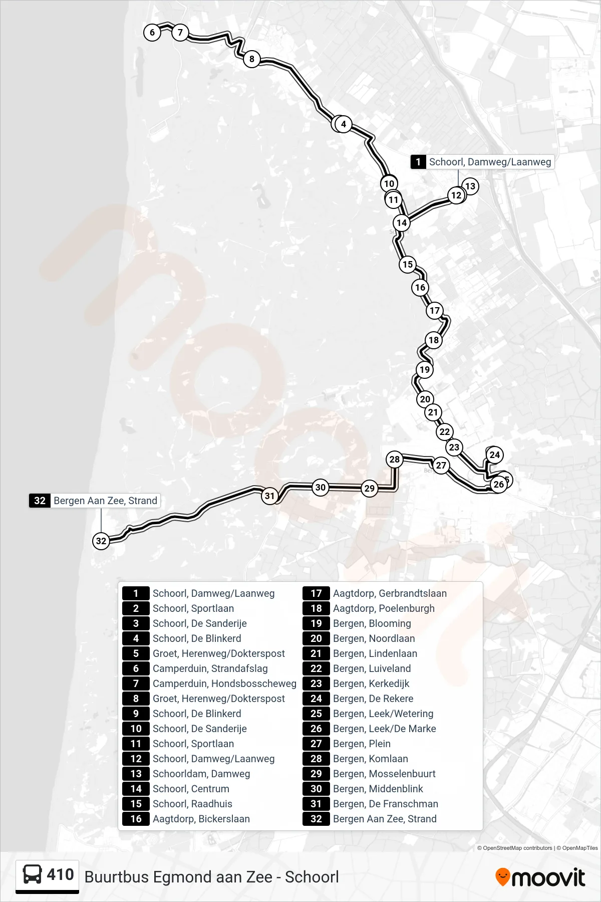 Lijn 410 (bus, Bergen Aan Zee Strand): route en haltes op de kaart