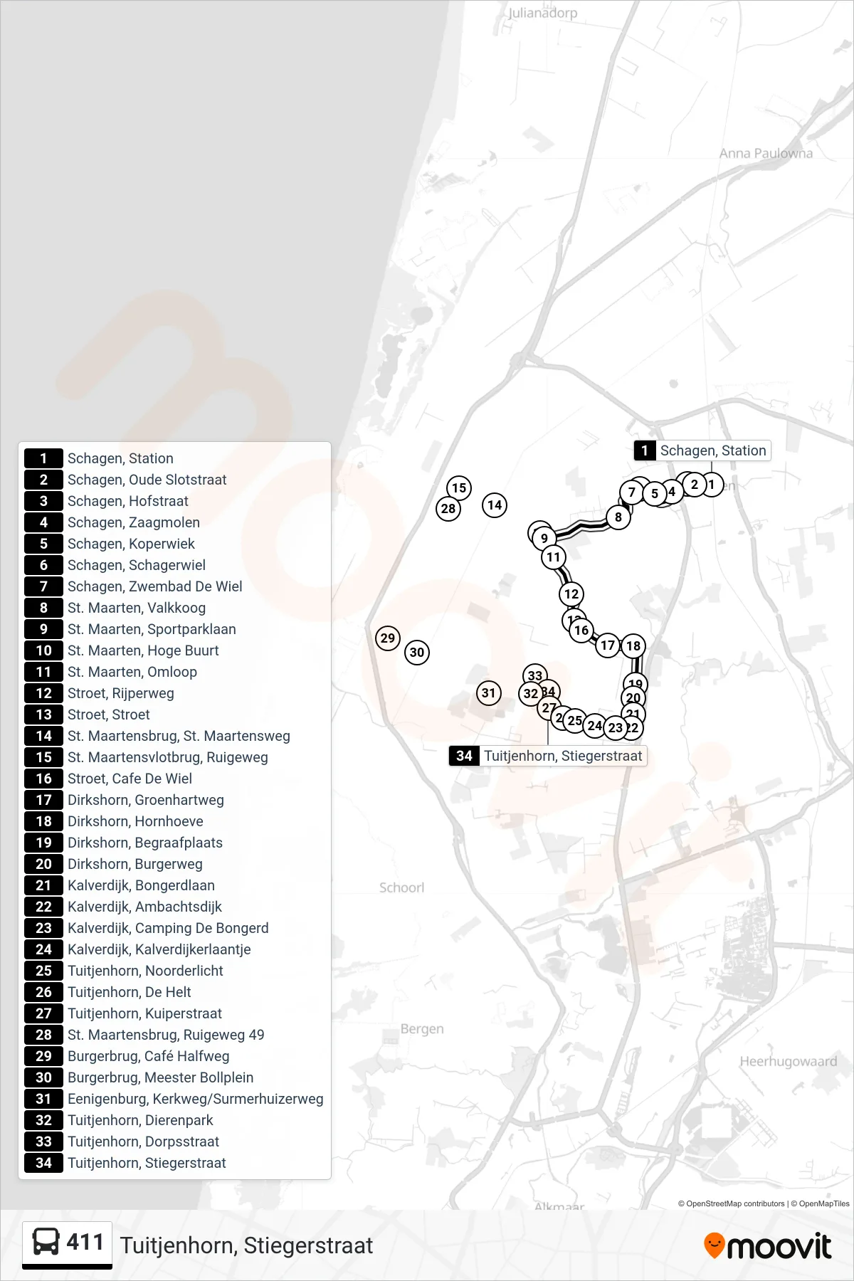 Lijn 411 (bus, Tuitjenhorn, Stiegerstraat): route en haltes op de kaart