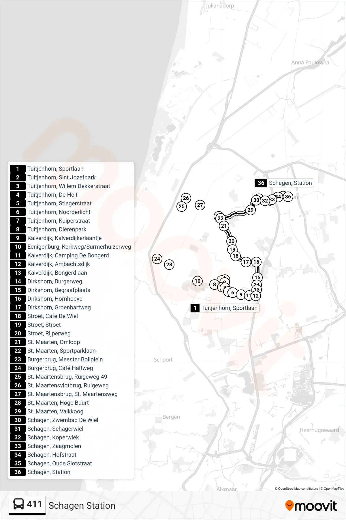 Lijn 411 (bus, Schagen Station): route en haltes op de kaart
