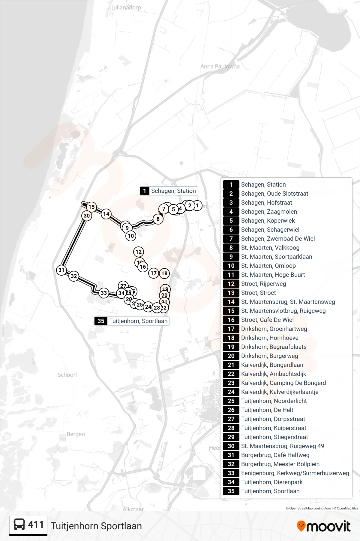 Lijn 411 (bus, Tuitjenhorn Sportlaan): route en haltes op de kaart