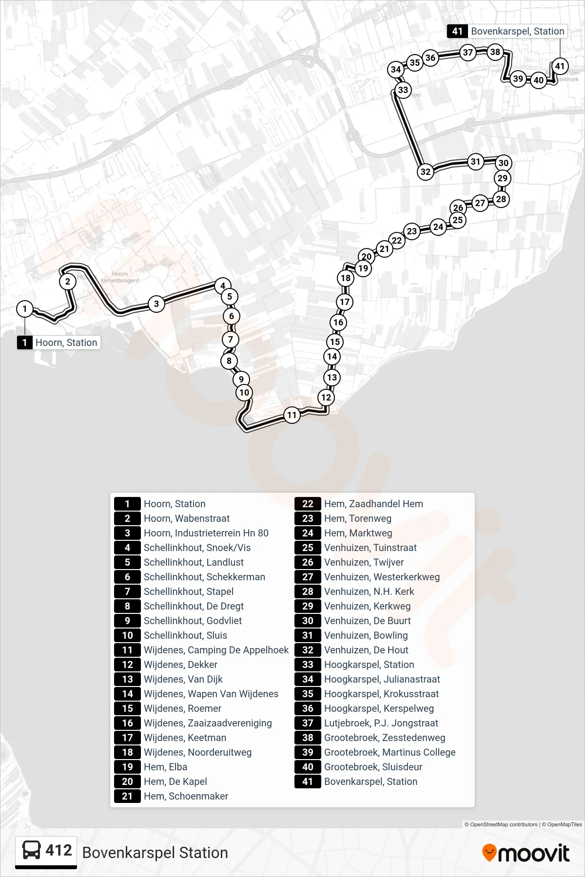 412 bus Line (Bovenkarspel Station) route and stops on a map