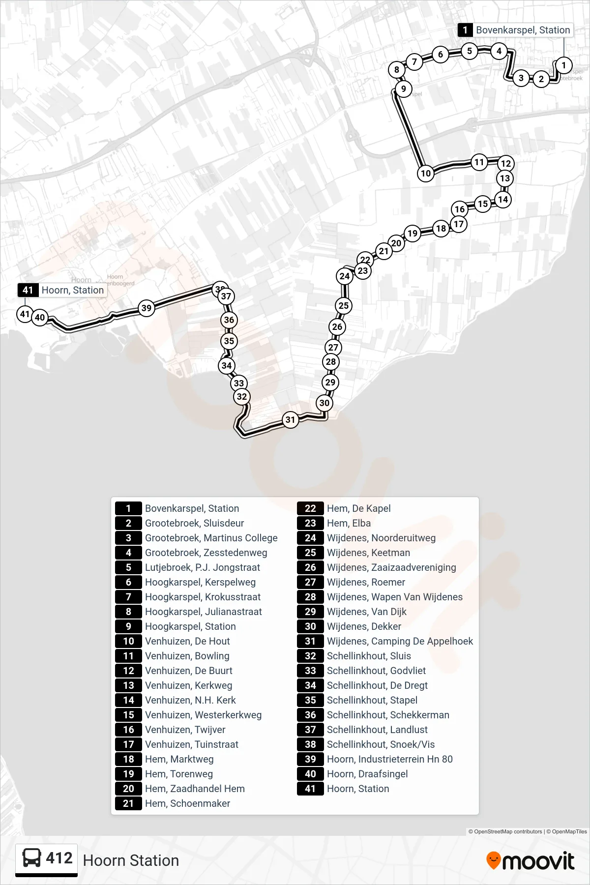 Lijn 412 (bus, Hoorn Station): route en haltes op de kaart