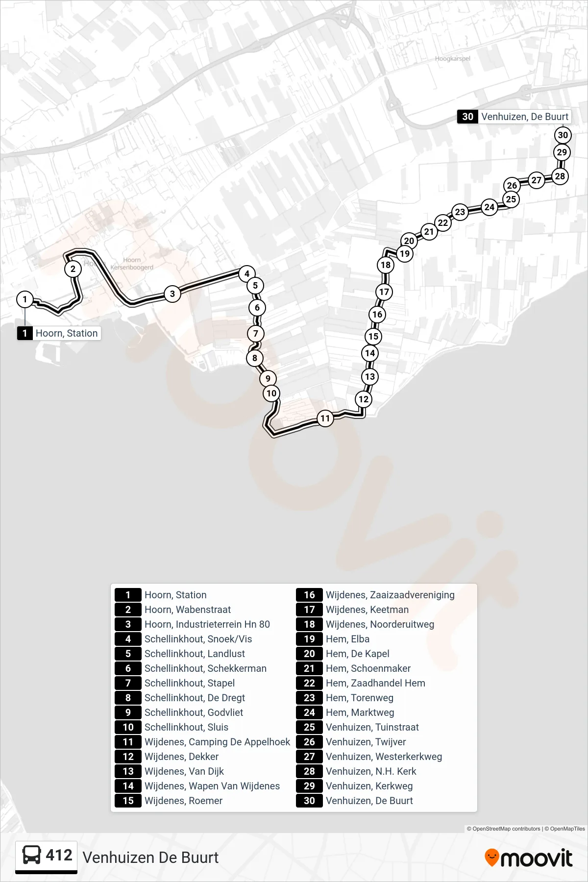 Lijn 412 (bus, Venhuizen De Buurt): route en haltes op de kaart