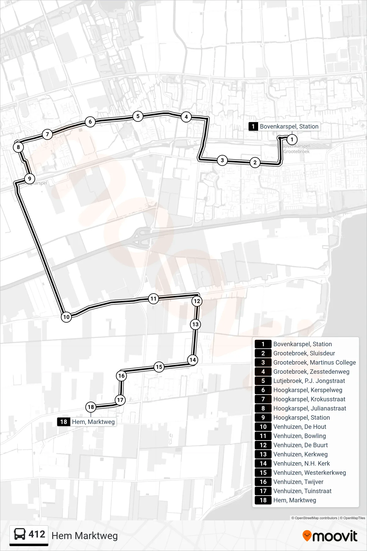412 bus Line (Hem Marktweg) route and stops on a map