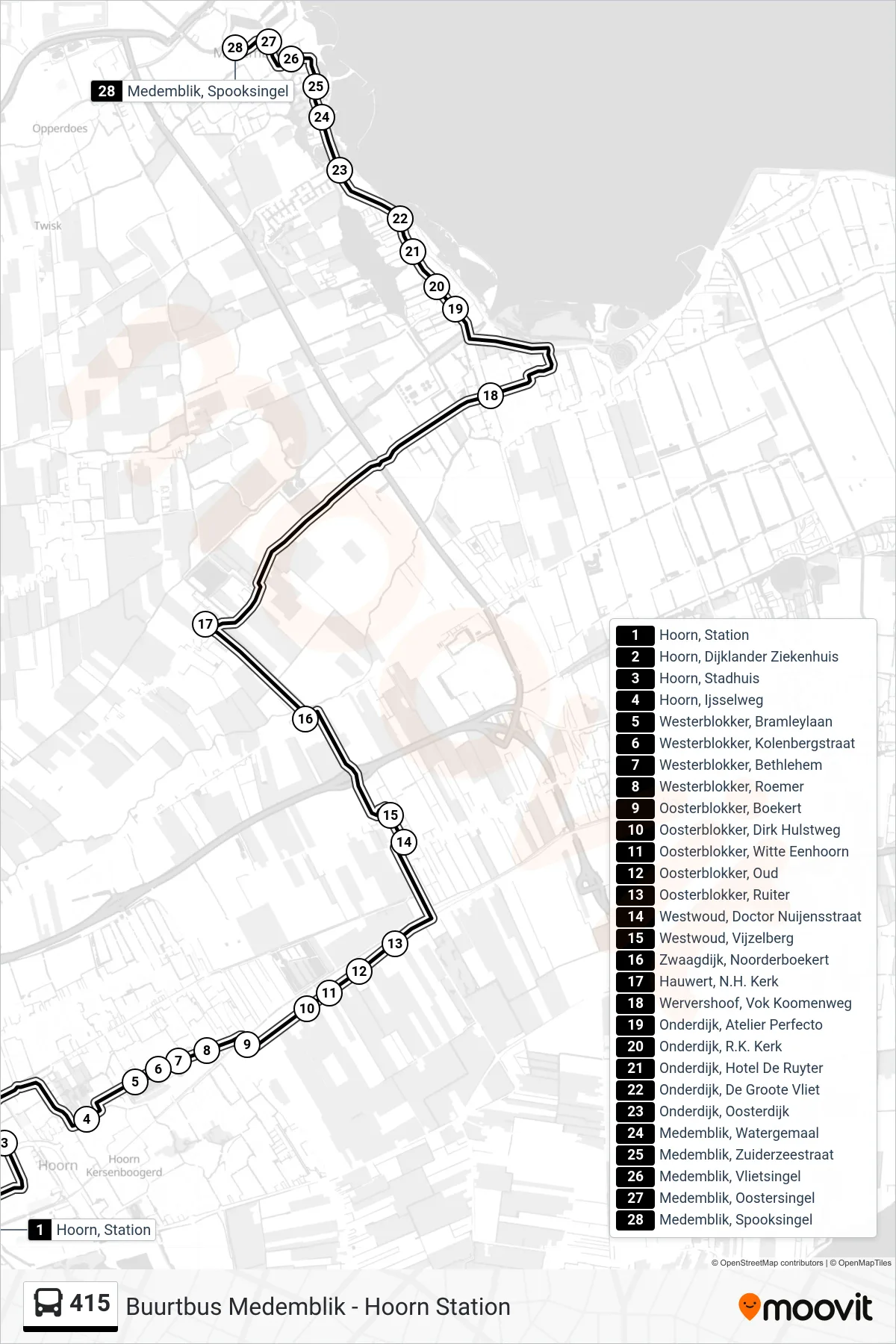 Lijn 415 (bus, Medemblik Spooksingel): route en haltes op de kaart