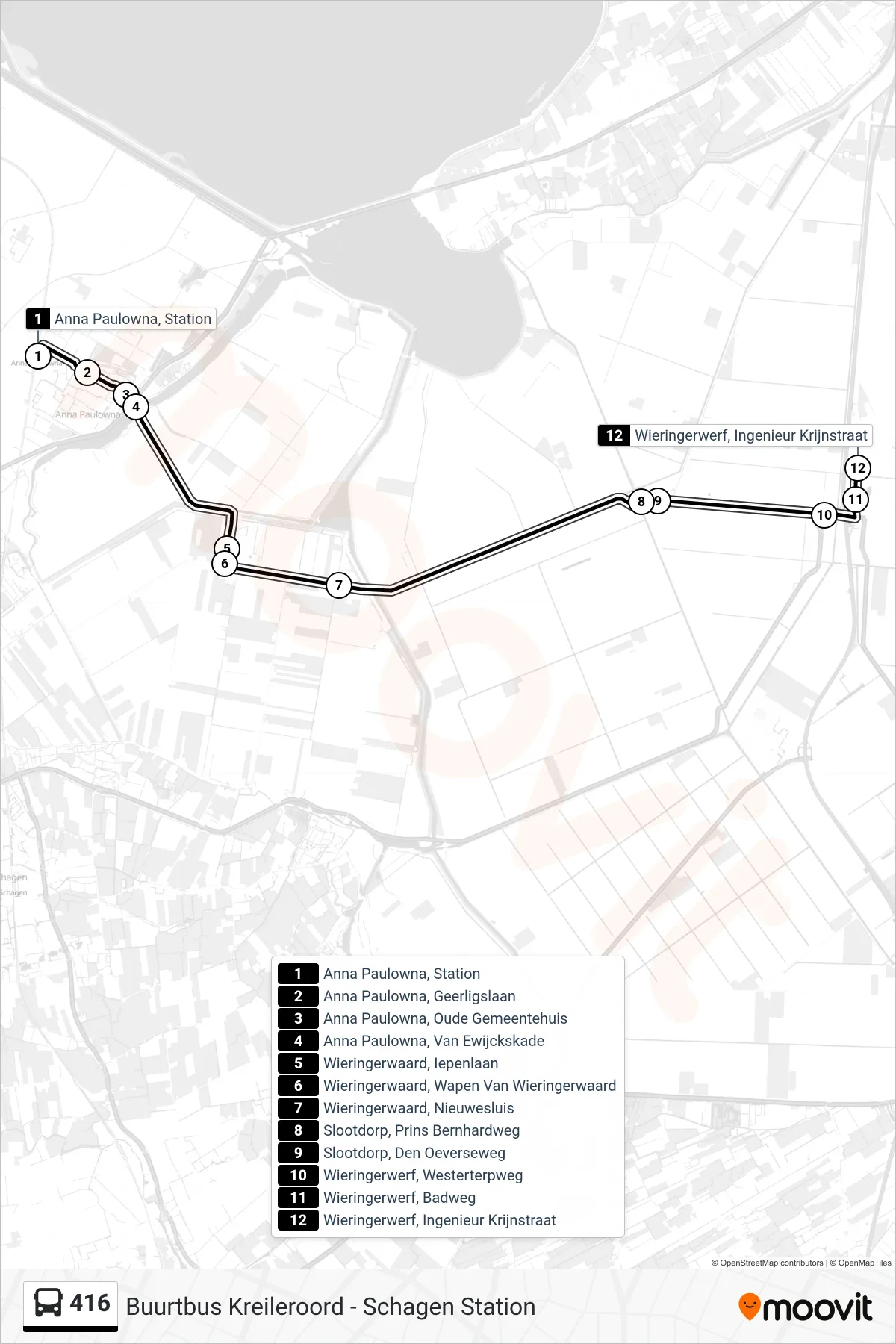 Lijn 416 (bus, Wieringerwerf Ir. Krijnstraat): route en haltes op de kaart