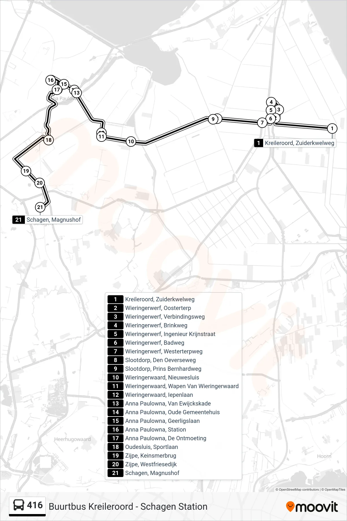 Lijn 416 (bus, Schagen Magnushof): route en haltes op de kaart