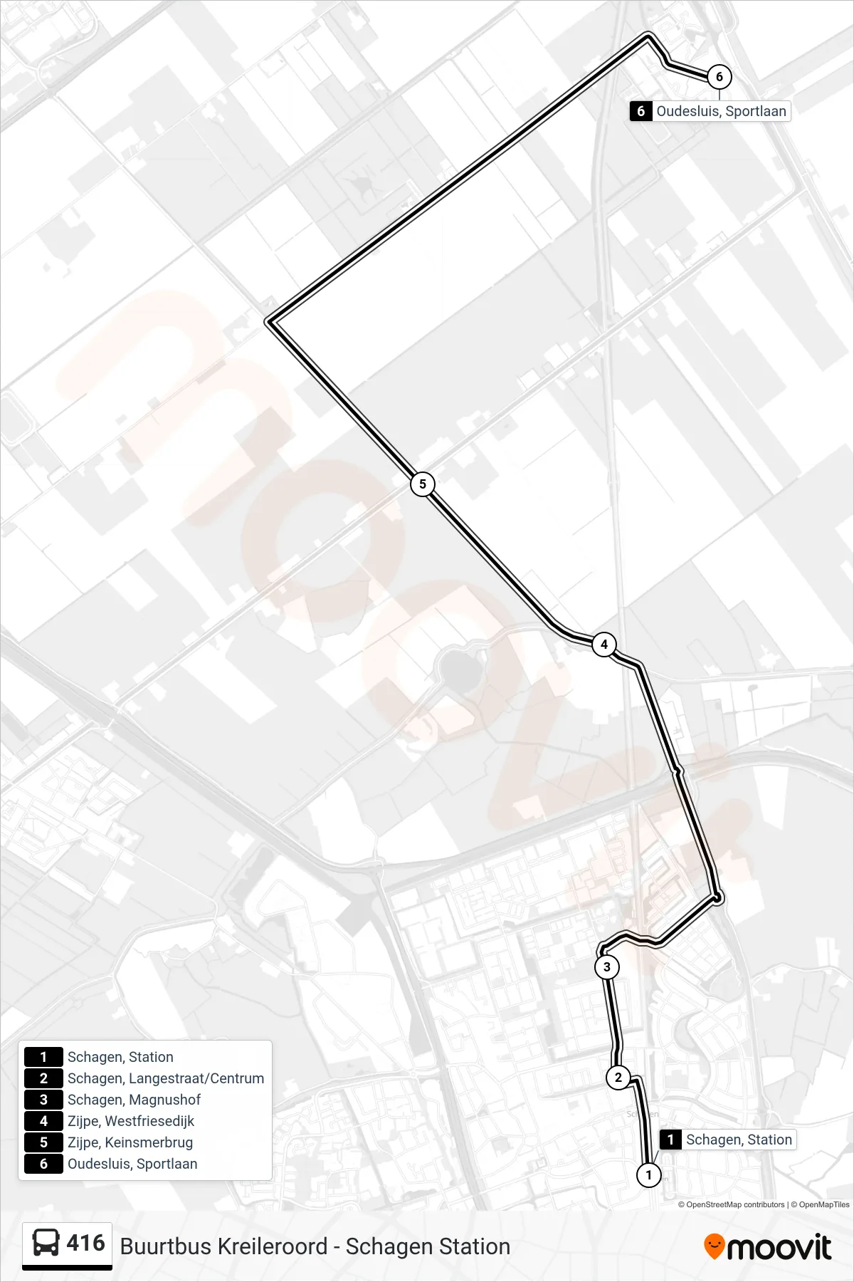 Lijn 416 (bus, Oudesluis Sportlaan): route en haltes op de kaart