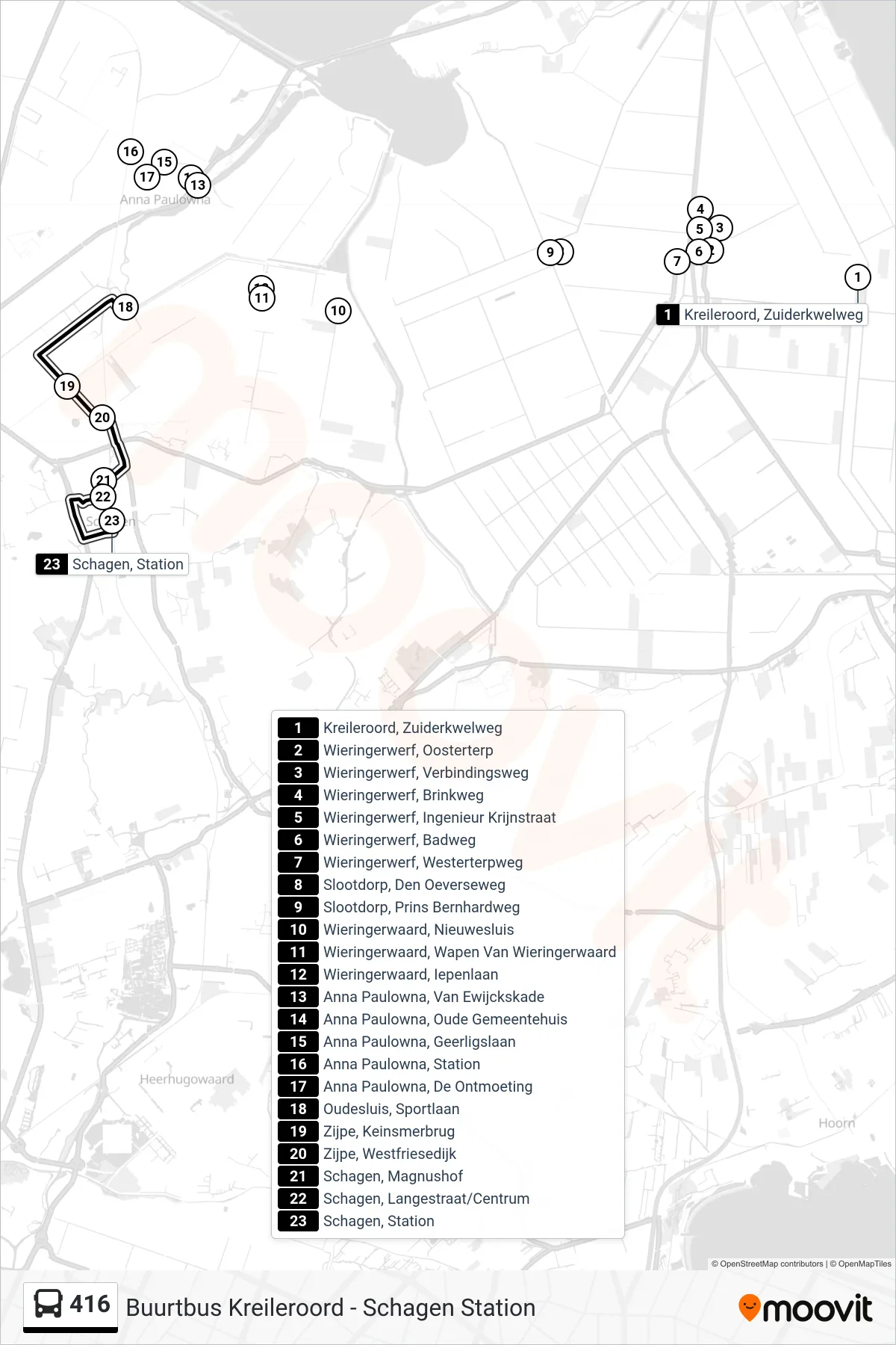 Lijn 416 (bus, Schagen Station): route en haltes op de kaart