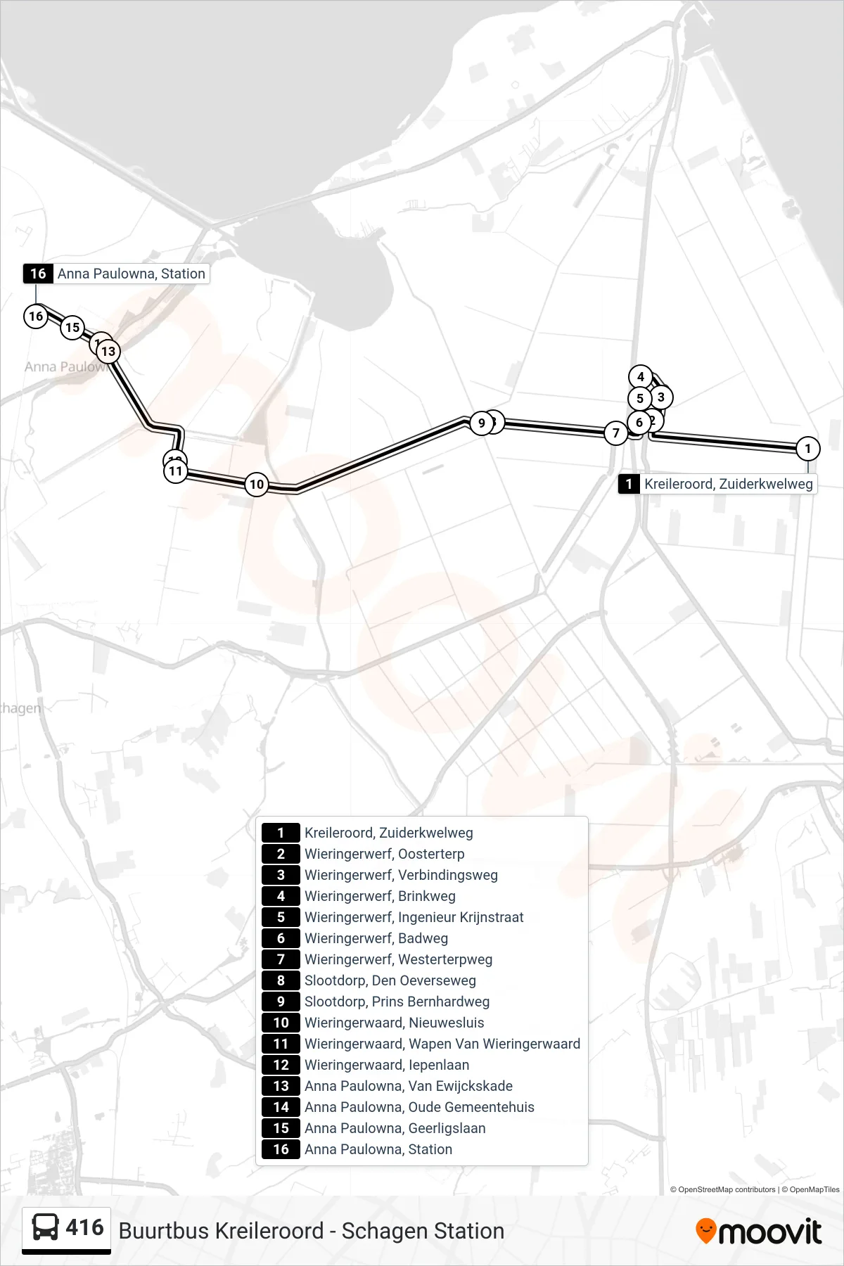 Lijn 416 (bus, Anna Paulowna Station): route en haltes op de kaart