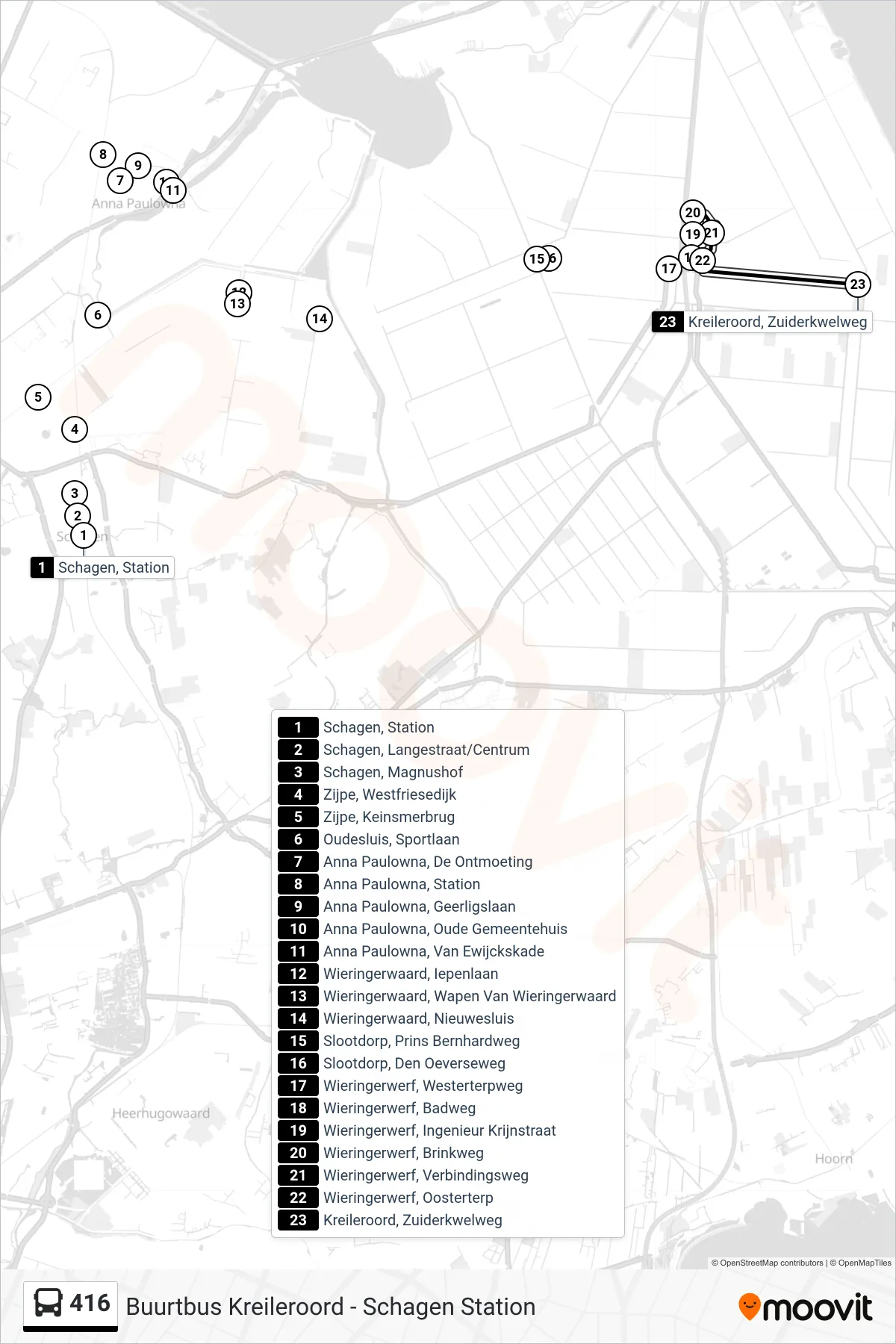 Lijn 416 (bus, Kreileroord Zuiderkwelweg): route en haltes op de kaart