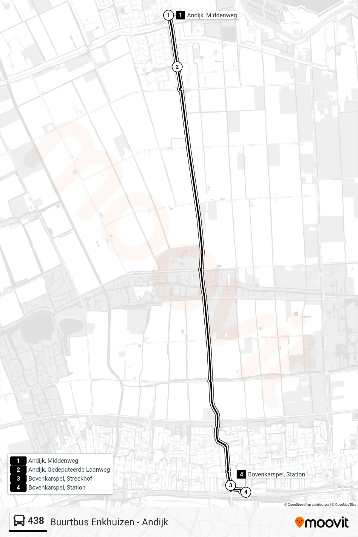 438 bus Line (Bovenkarspel Station) route and stops on a map