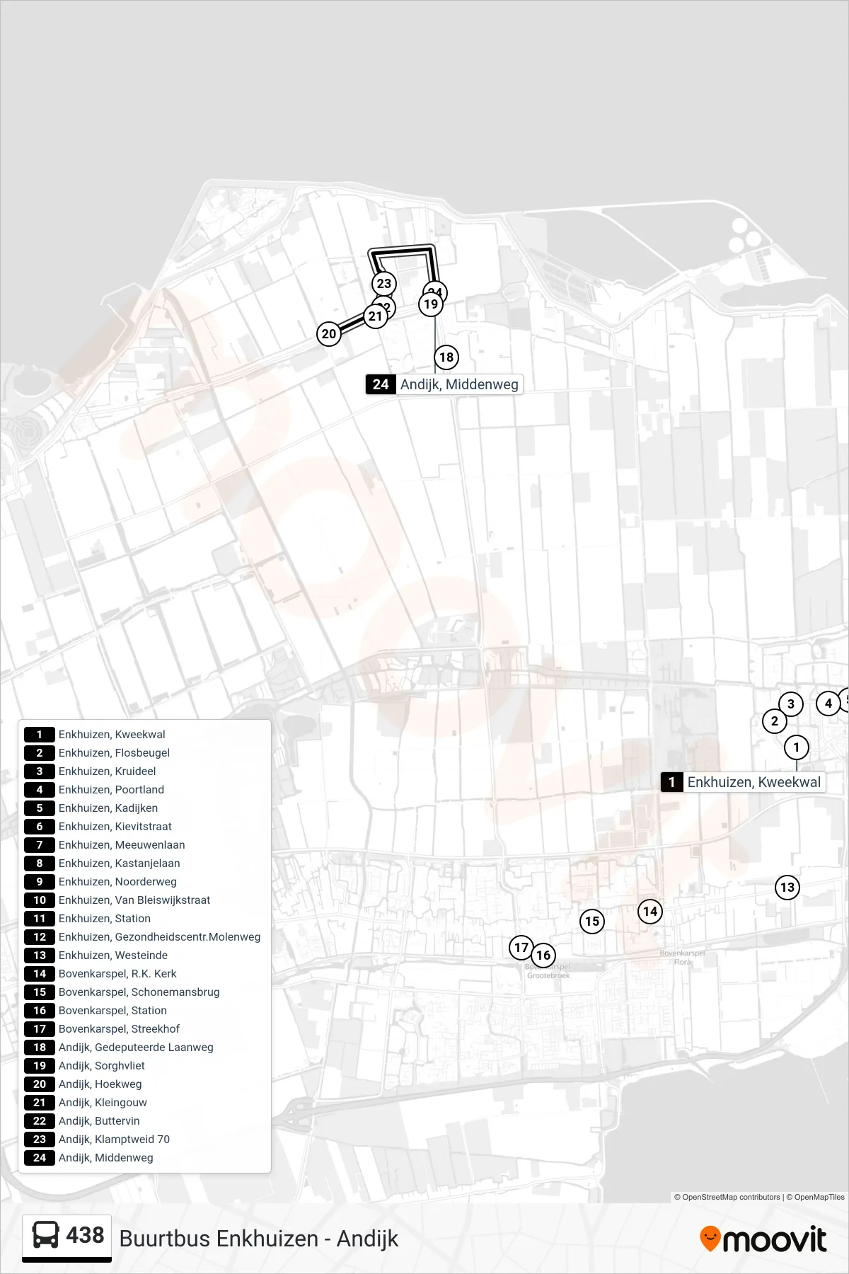 Lijn 438 (bus, Andijk Middenweg): route en haltes op de kaart