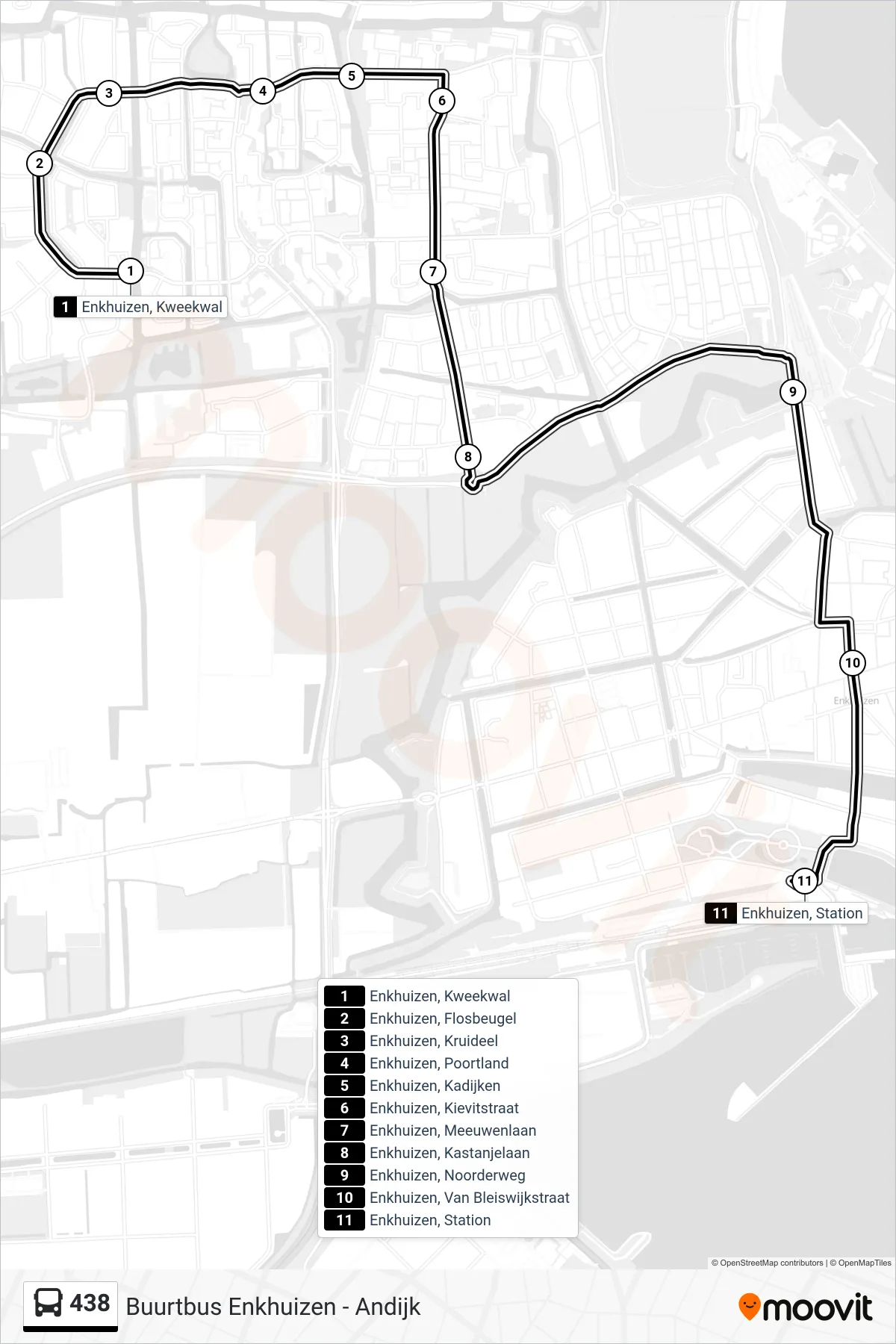 438 bus Line (Enkhuizen Station) route and stops on a map