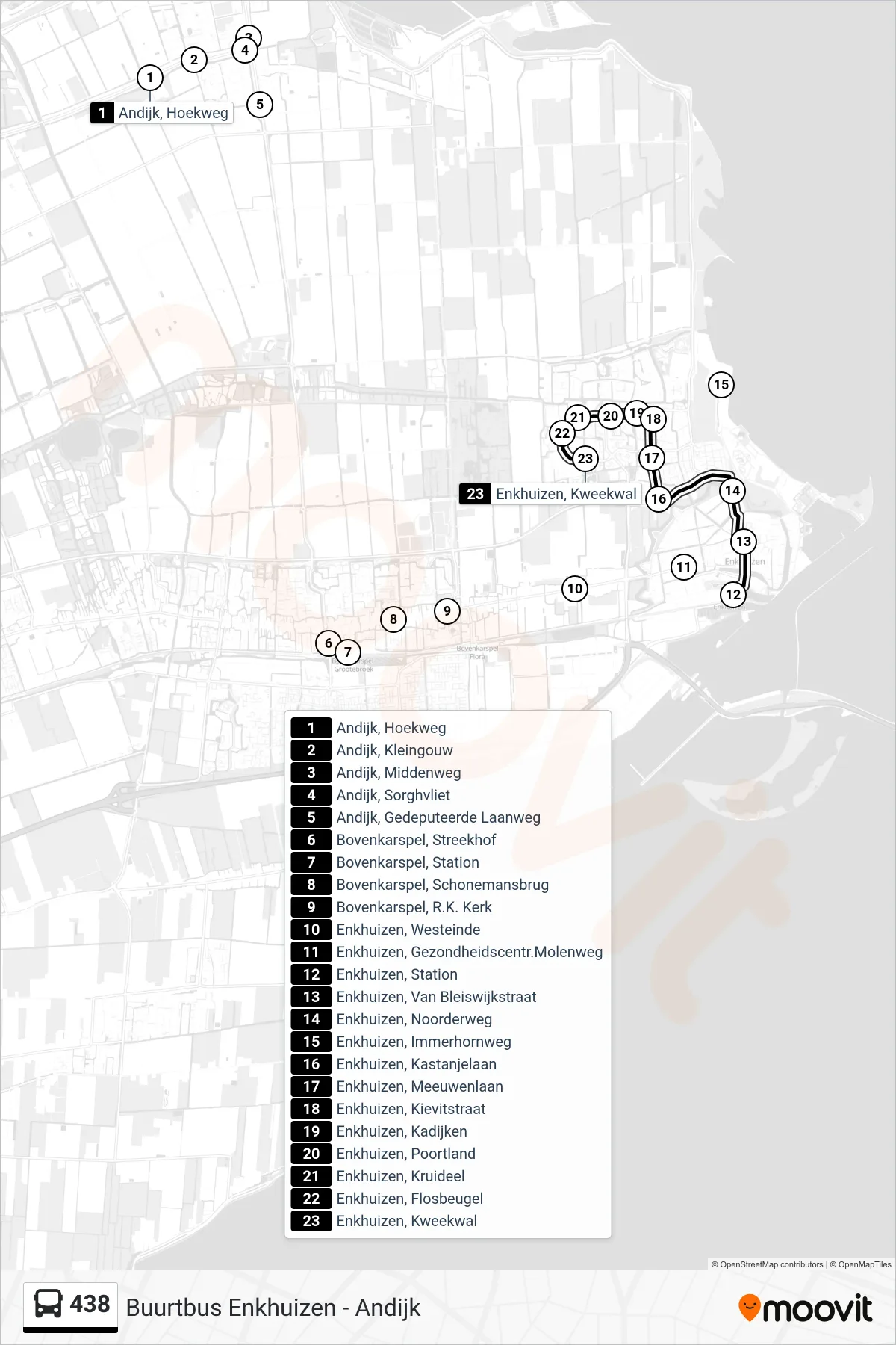 438 bus Line (Enkhuizen Kweekwal) route and stops on a map