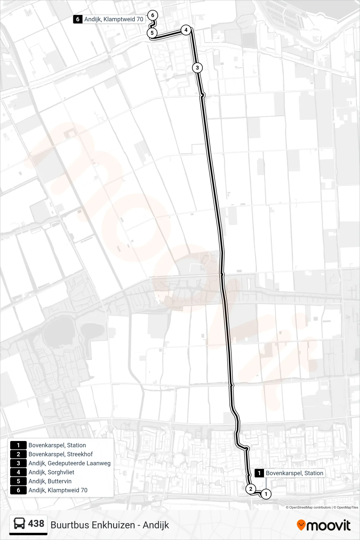 438 bus Line (Andijk Klamptweid 70) route and stops on a map