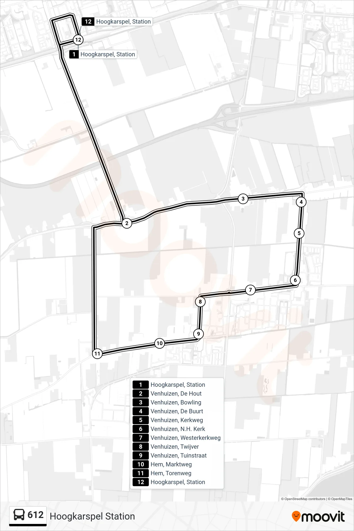 Lijn 612 (bus, Hoogkarspel Station): route en haltes op de kaart