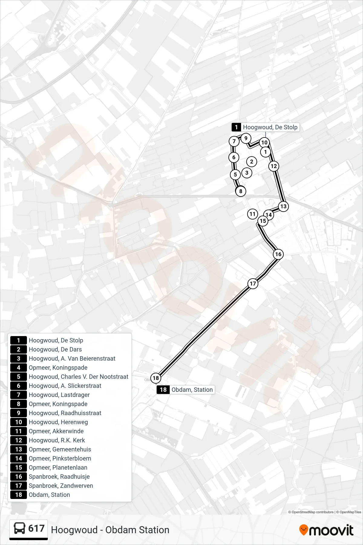 Lijn 617 (bus, Obdam Station): route en haltes op de kaart