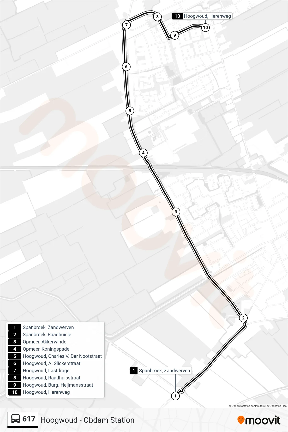 617 bus Line (Hoogwoud Herenweg) route and stops on a map