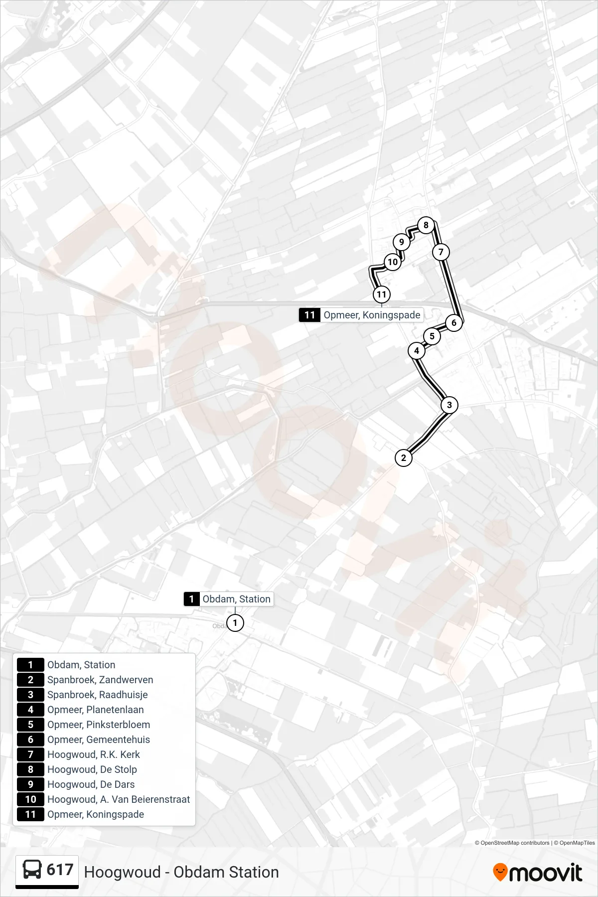 617 bus Line (Opmeer Koningspade) route and stops on a map