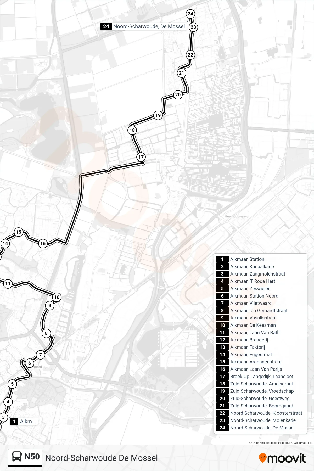 N50 bus Line (Noord-Scharwoude De Mossel) route and stops on a map