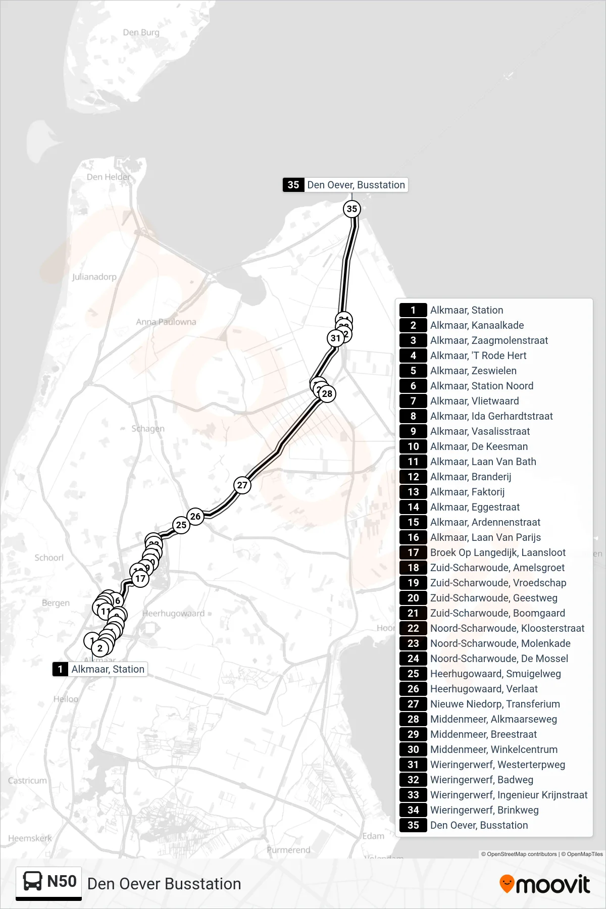 Lijn N50 (bus, Den Oever Busstation): route en haltes op de kaart