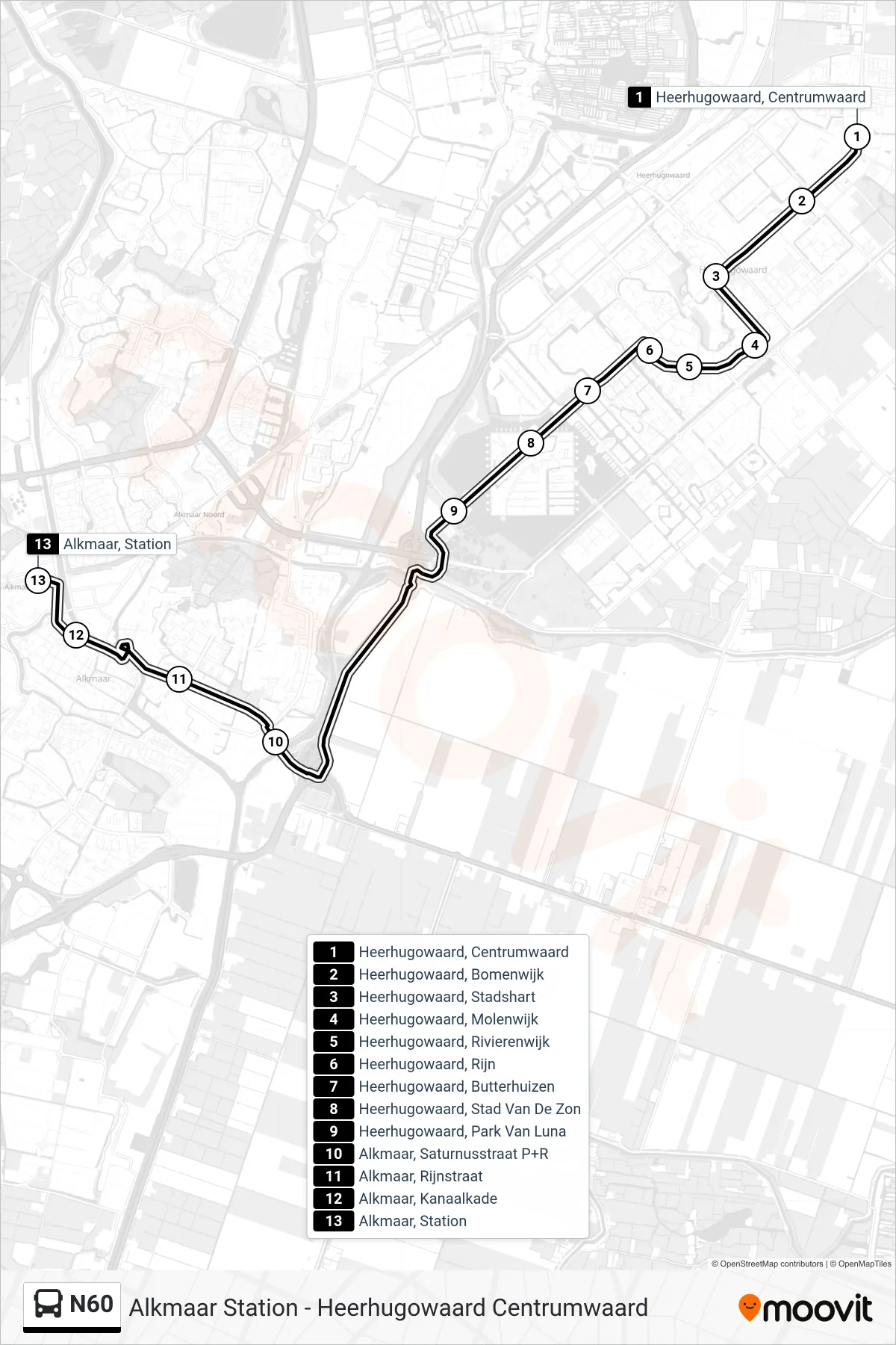 Lijn N60 (bus, Alkmaar Station): route en haltes op de kaart