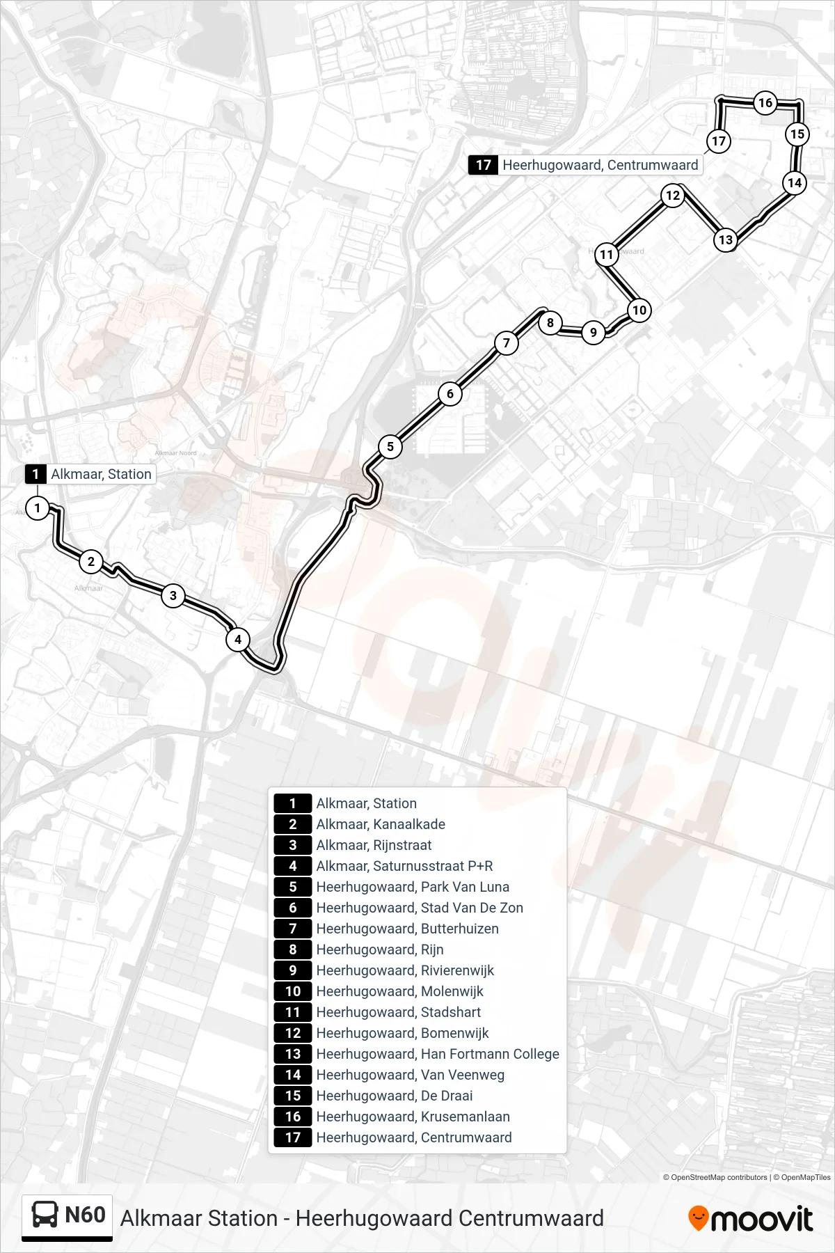 N60 bus Line (Heerhugowaard Centrumwaard) route and stops on a map