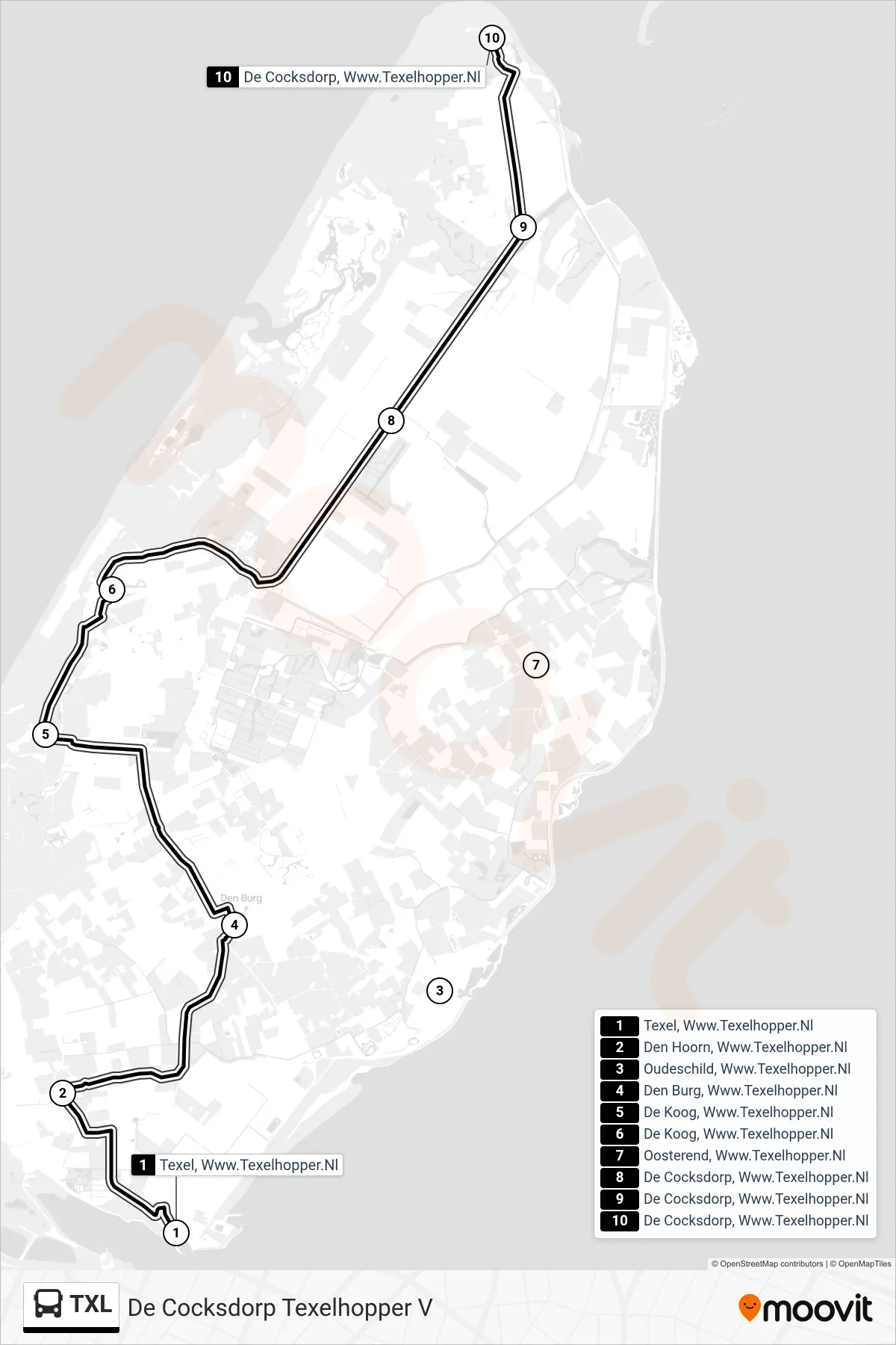 Lijn TXL (bus, De Cocksdorp Texelhopper V): route en haltes op de kaart