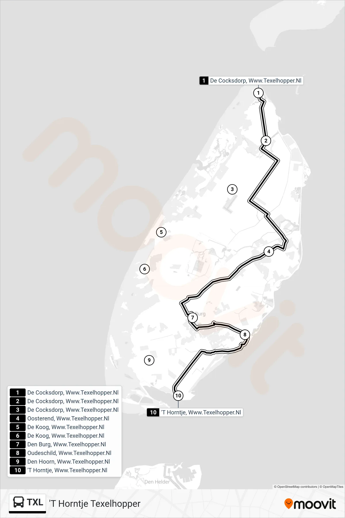 Lijn TXL (bus, 'T Horntje Texelhopper): route en haltes op de kaart