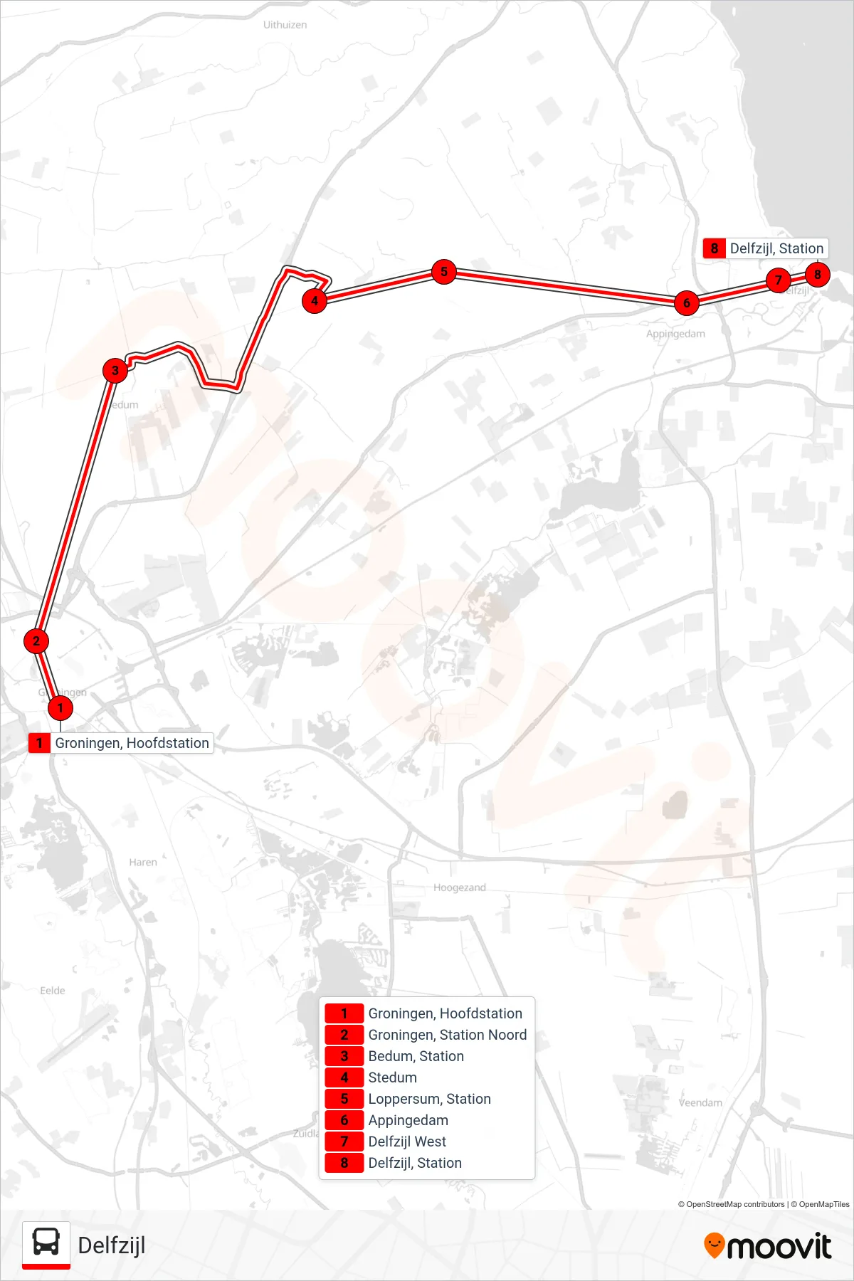 Lijn STOPBUS IPV TREIN (tram, Delfzijl): route en haltes op de kaart