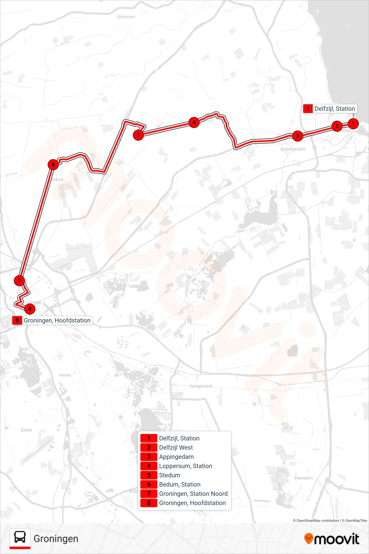 Lijn STOPBUS IPV TREIN (tram, Groningen): route en haltes op de kaart