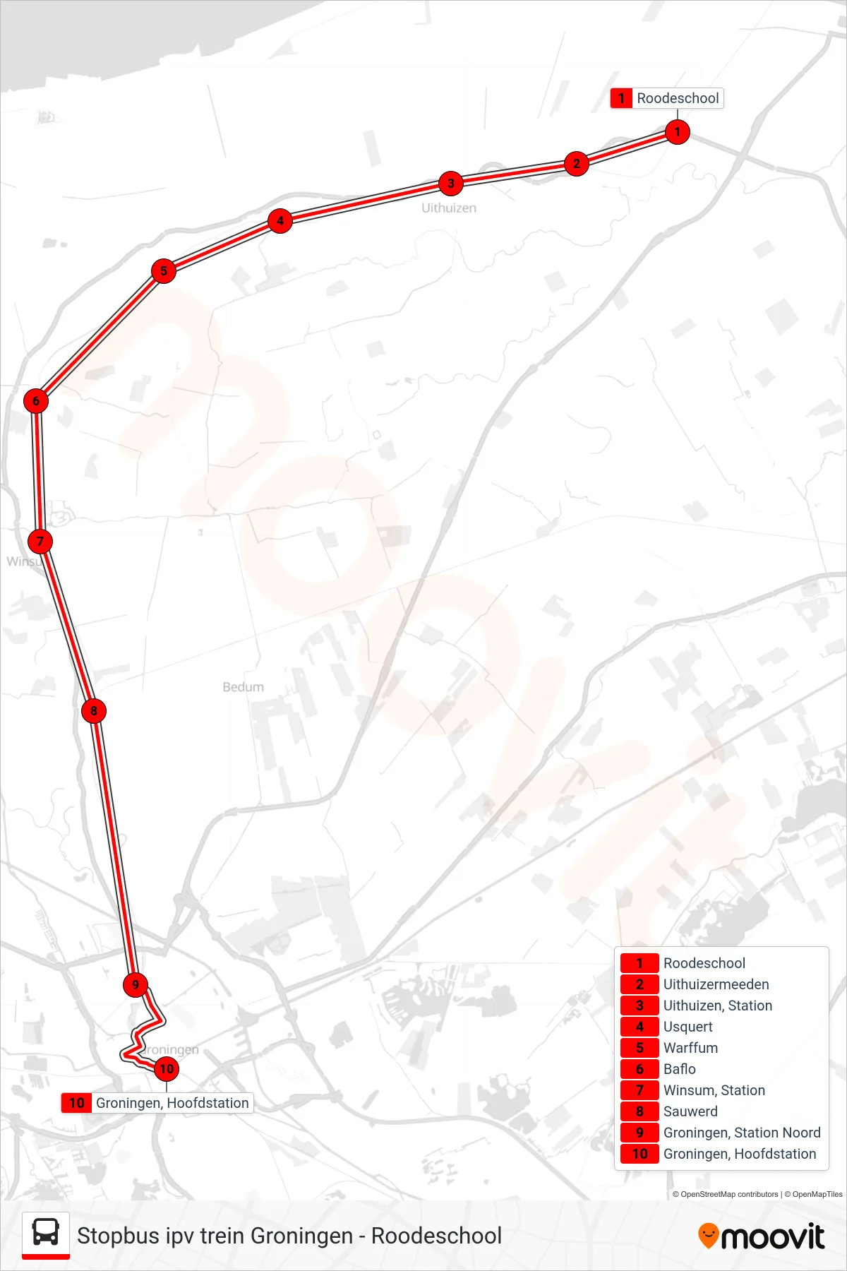 Lijn STOPBUS IPV TREIN (tram, Groningen): route en haltes op de kaart