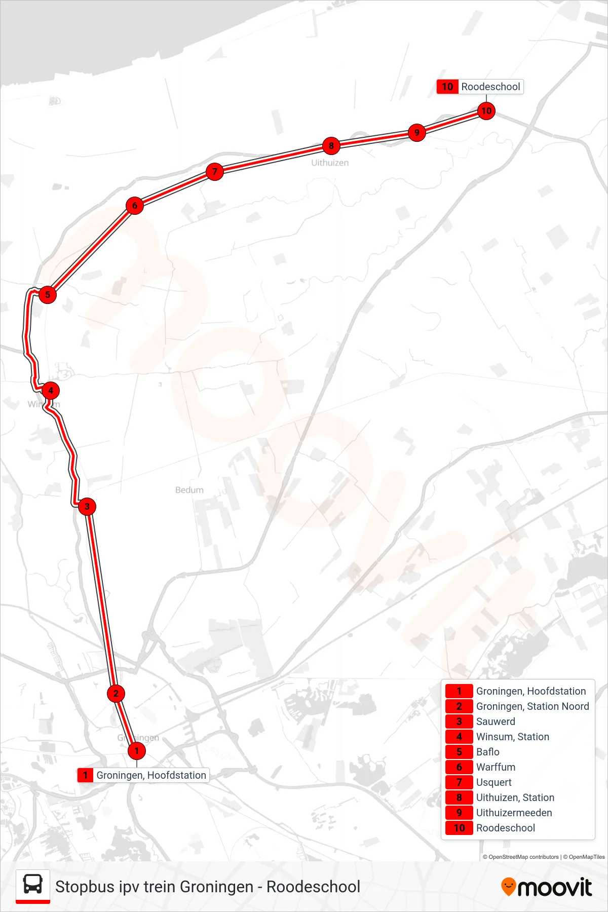 STOPBUS IPV TREIN tram Line (Roodeschool) route and stops on a map