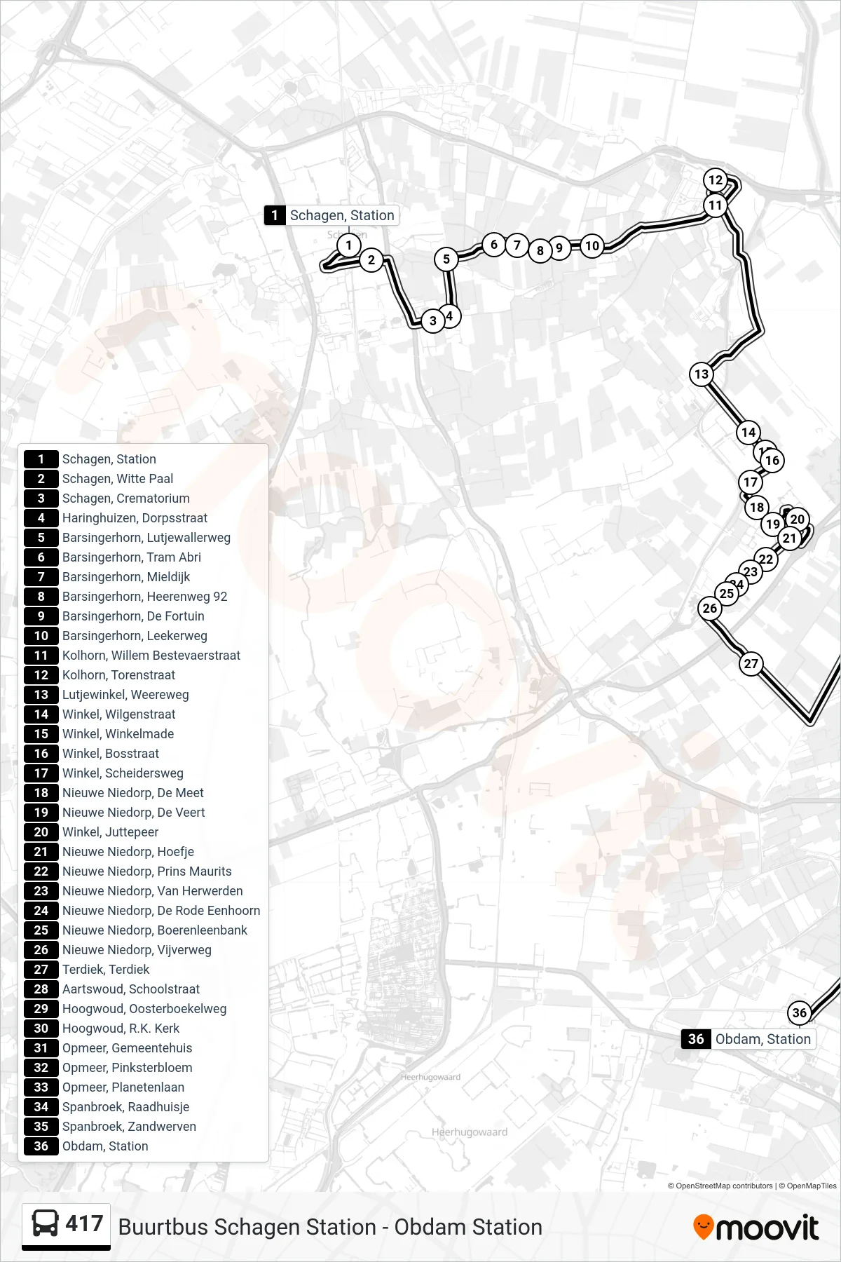 Lijn 417 (bus, Obdam Station): route en haltes op de kaart